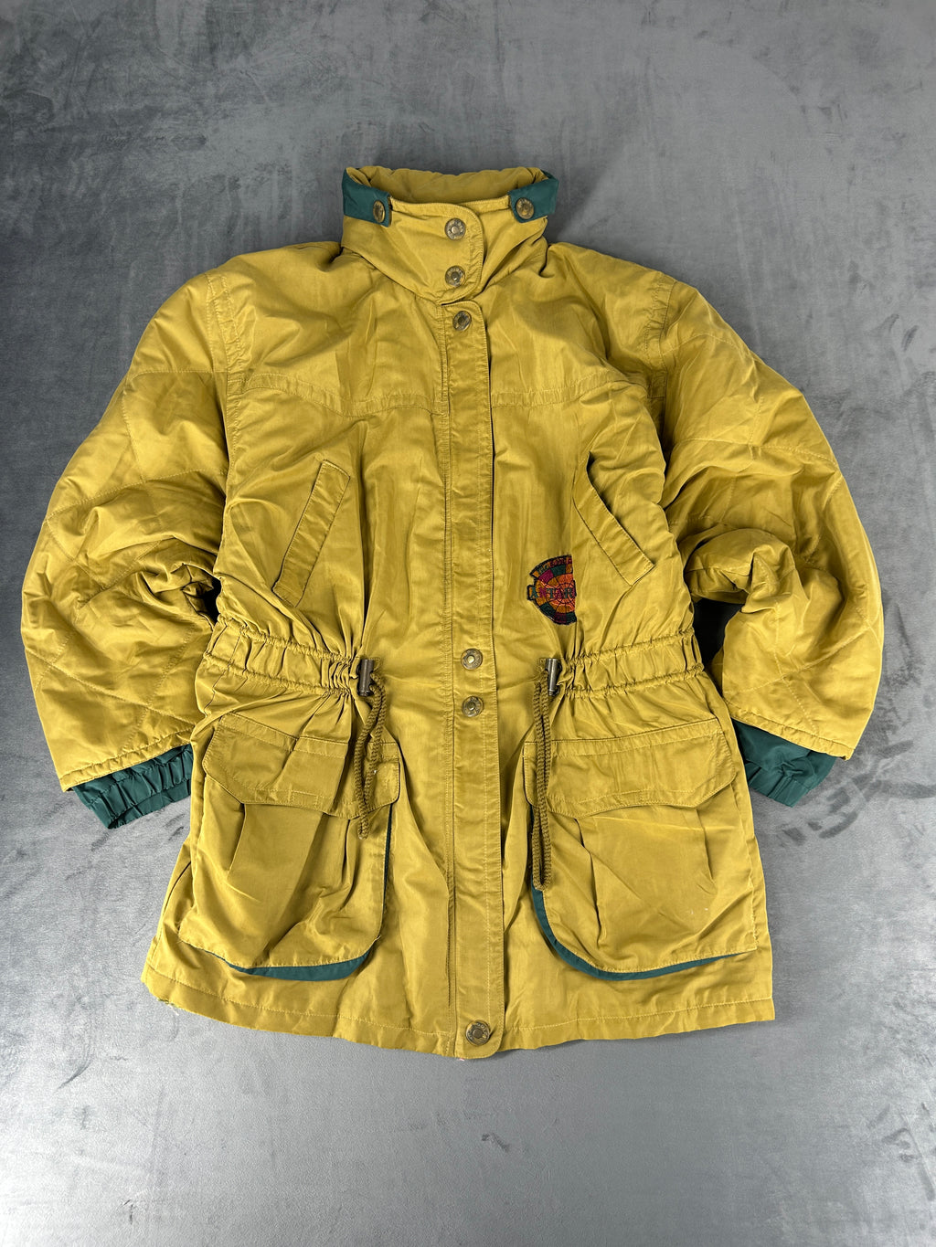 Giaccone giallo senape collo verde vintage – Donna Taglia M