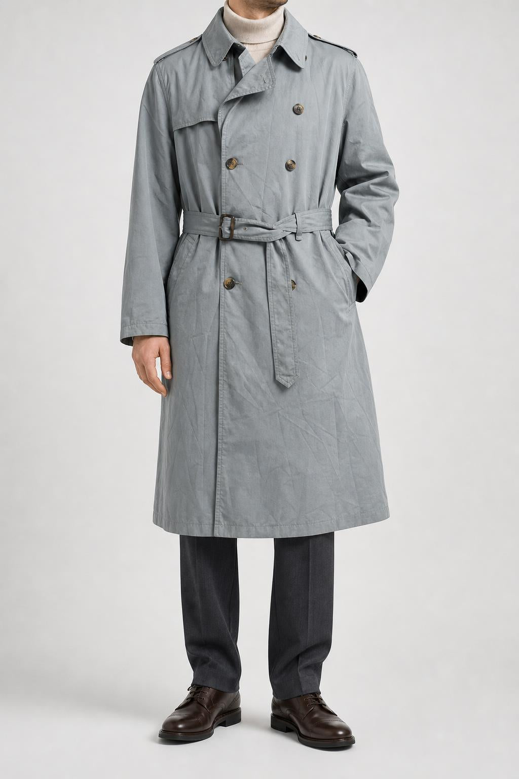 Trench doppiopetto grigio azzurro con cintura vintage – Uomo Taglia L
