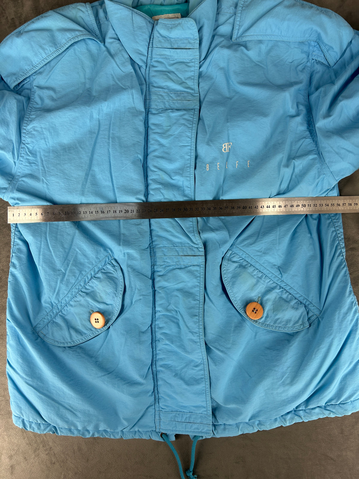Giaccone azzurro Belfe con cappuccio vintage – Donna Taglia L