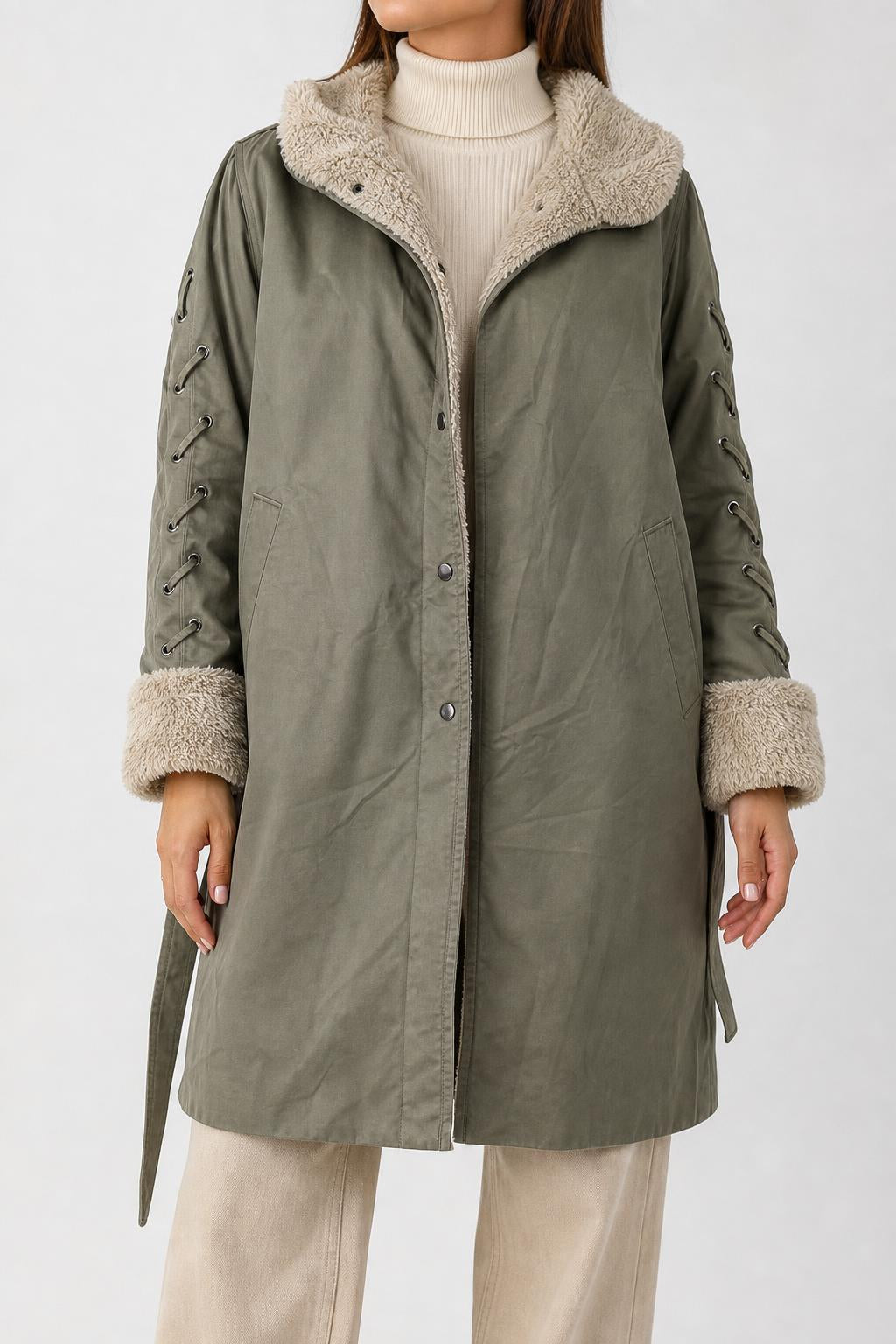 Soprabito verde militare collo in sherpa vintage – Donna Taglia L