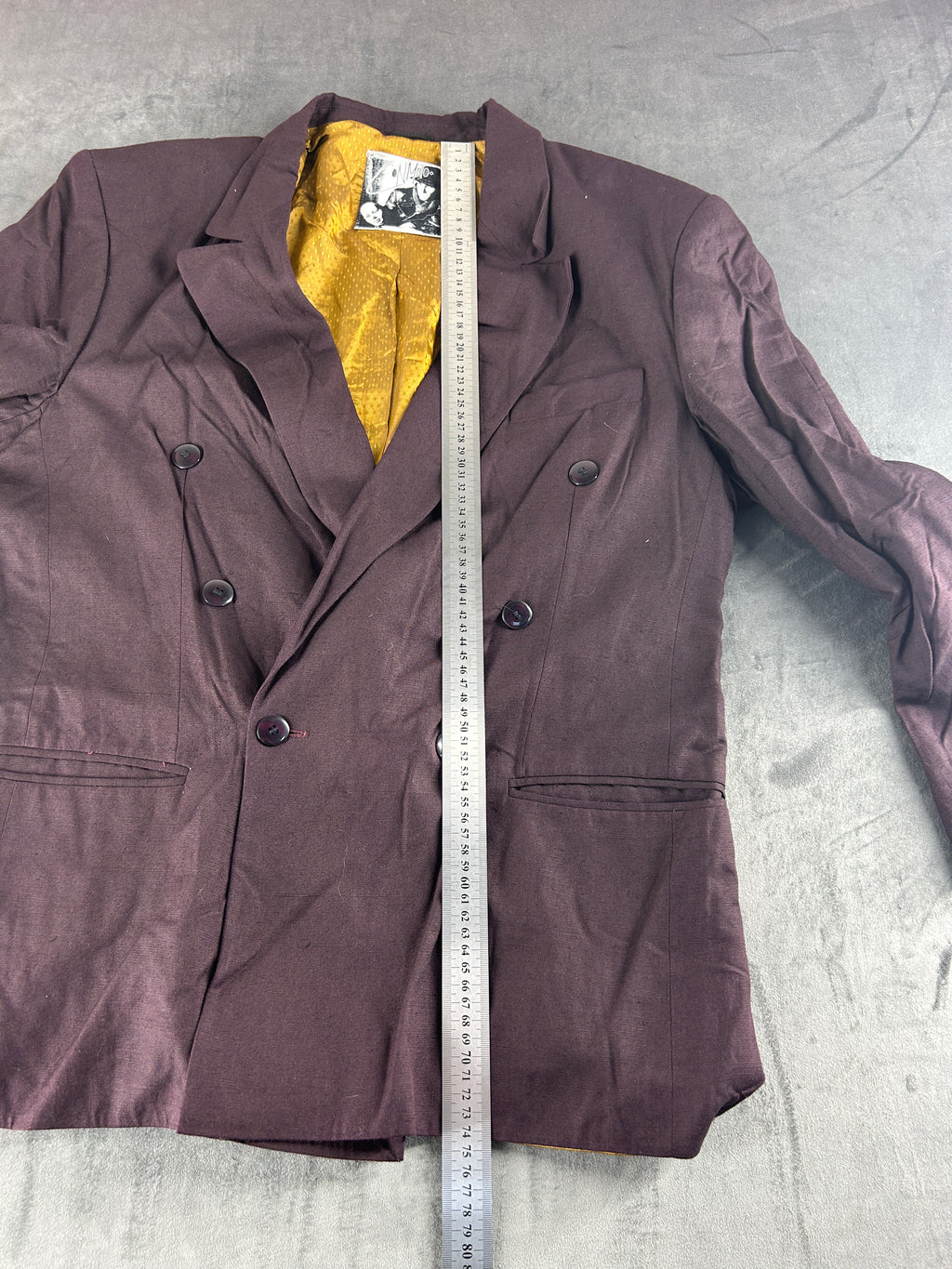Blazer doppiopetto prugna con fodera gialla vintage – Uomo Taglia L
