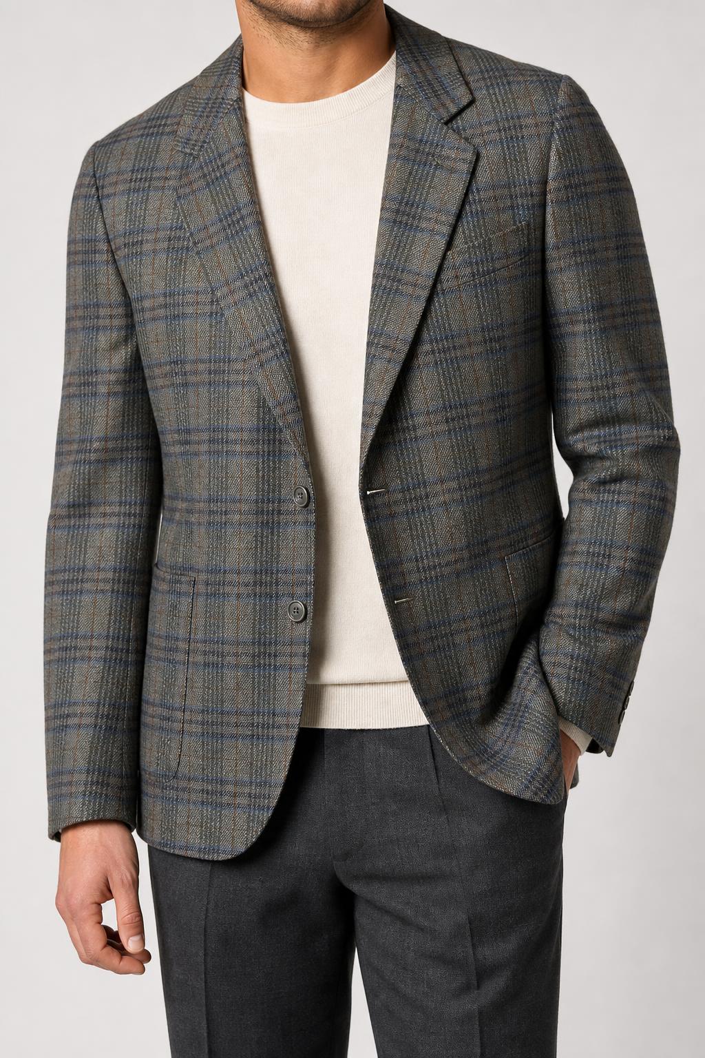 Blazer a quadri grigio e blu René Lezard in lana vintage – Uomo Taglia 2XL (IT 54)