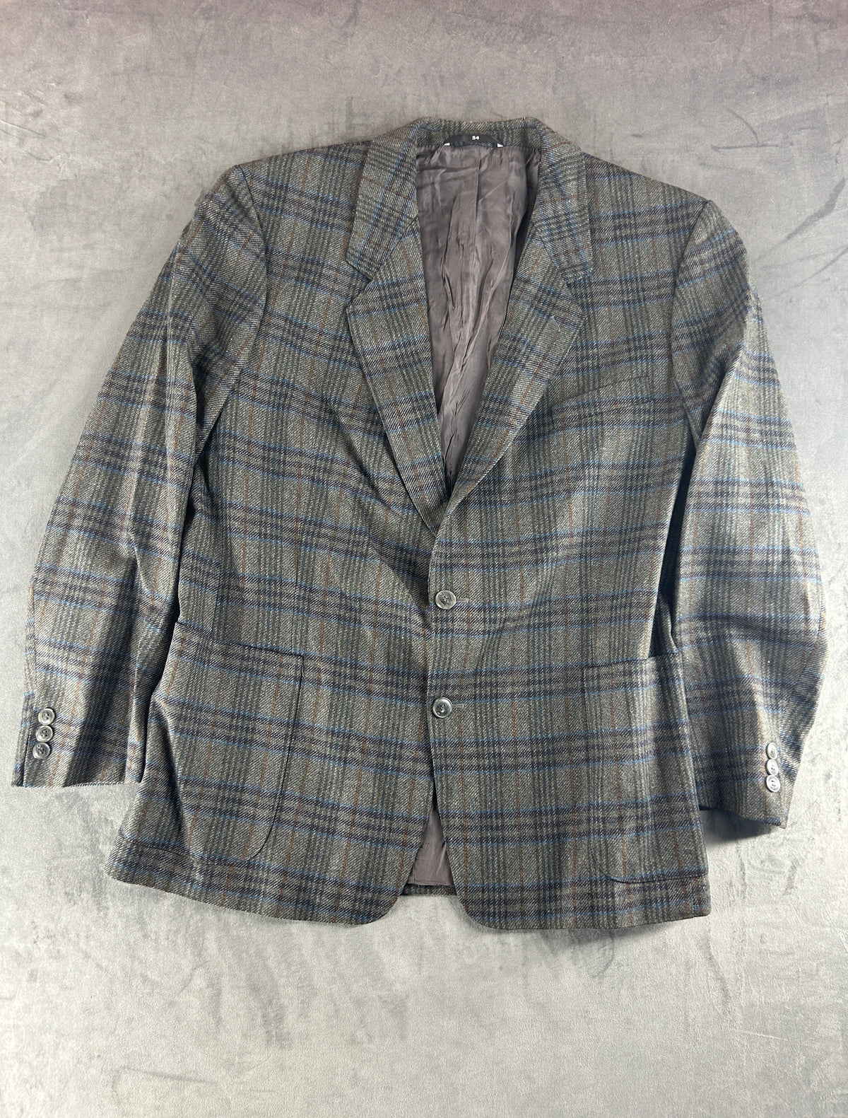 Blazer a quadri grigio e blu René Lezard in lana vintage – Uomo Taglia 2XL (IT 54)