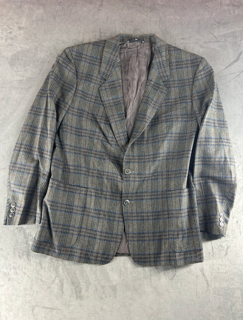 Blazer a quadri grigio e blu René Lezard in lana vintage – Uomo Taglia 2XL (IT 54)