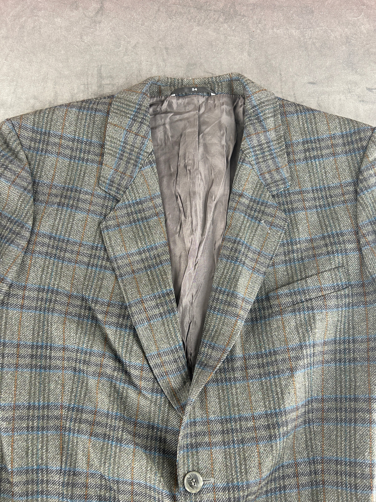 Blazer a quadri grigio e blu René Lezard in lana vintage – Uomo Taglia 2XL (IT 54)