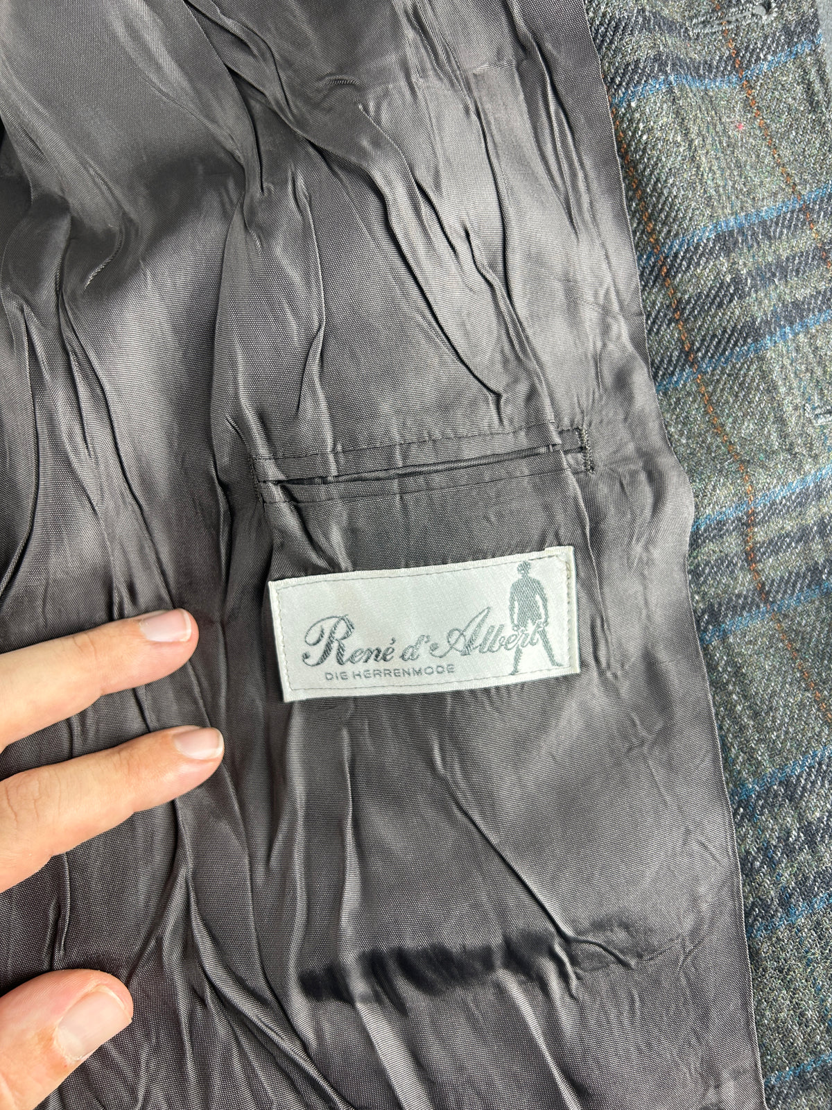 Blazer a quadri grigio e blu René Lezard in lana vintage – Uomo Taglia 2XL (IT 54)