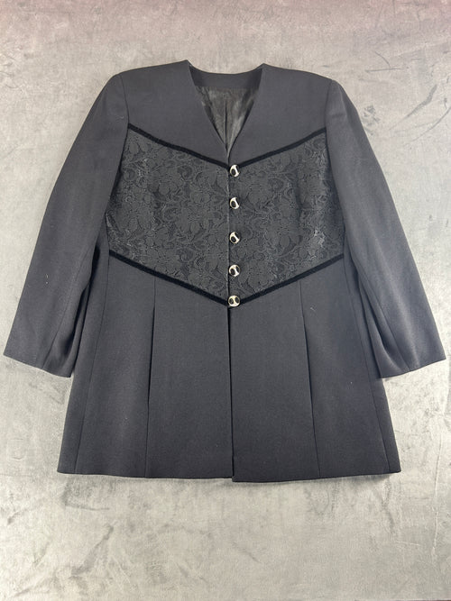 Abito redingote nero in lana con inserto in pizzo vintage – Donna Taglia M