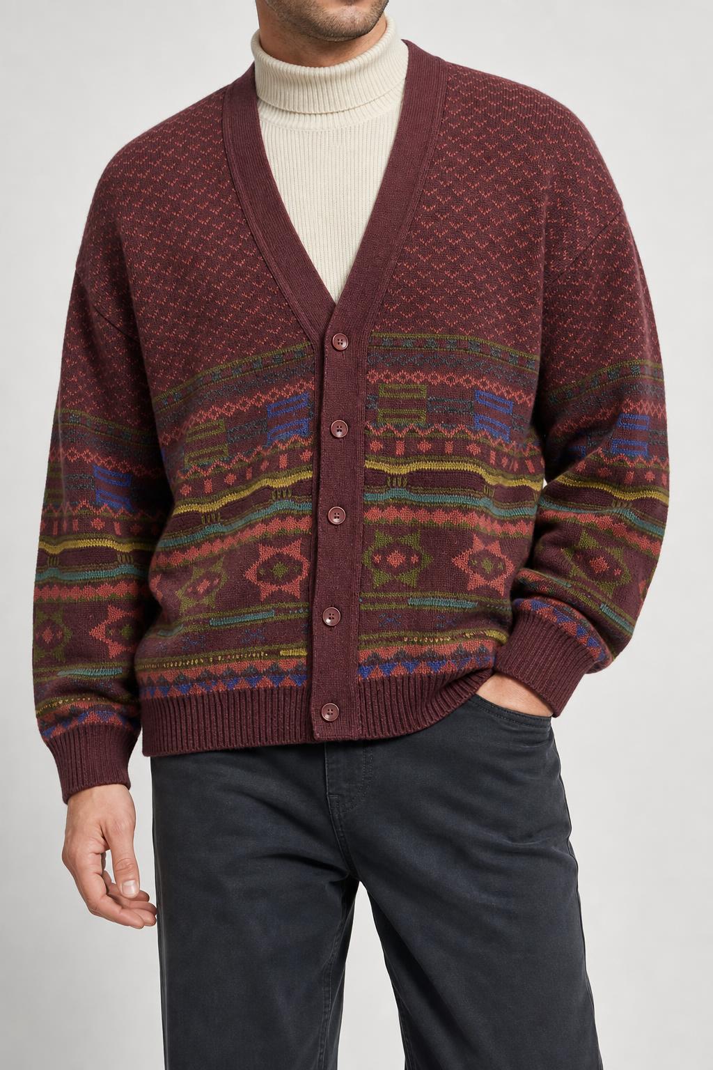 Cardigan scollo a V fair-isle bordeaux Green Leaves vintage – Uomo Taglia XL