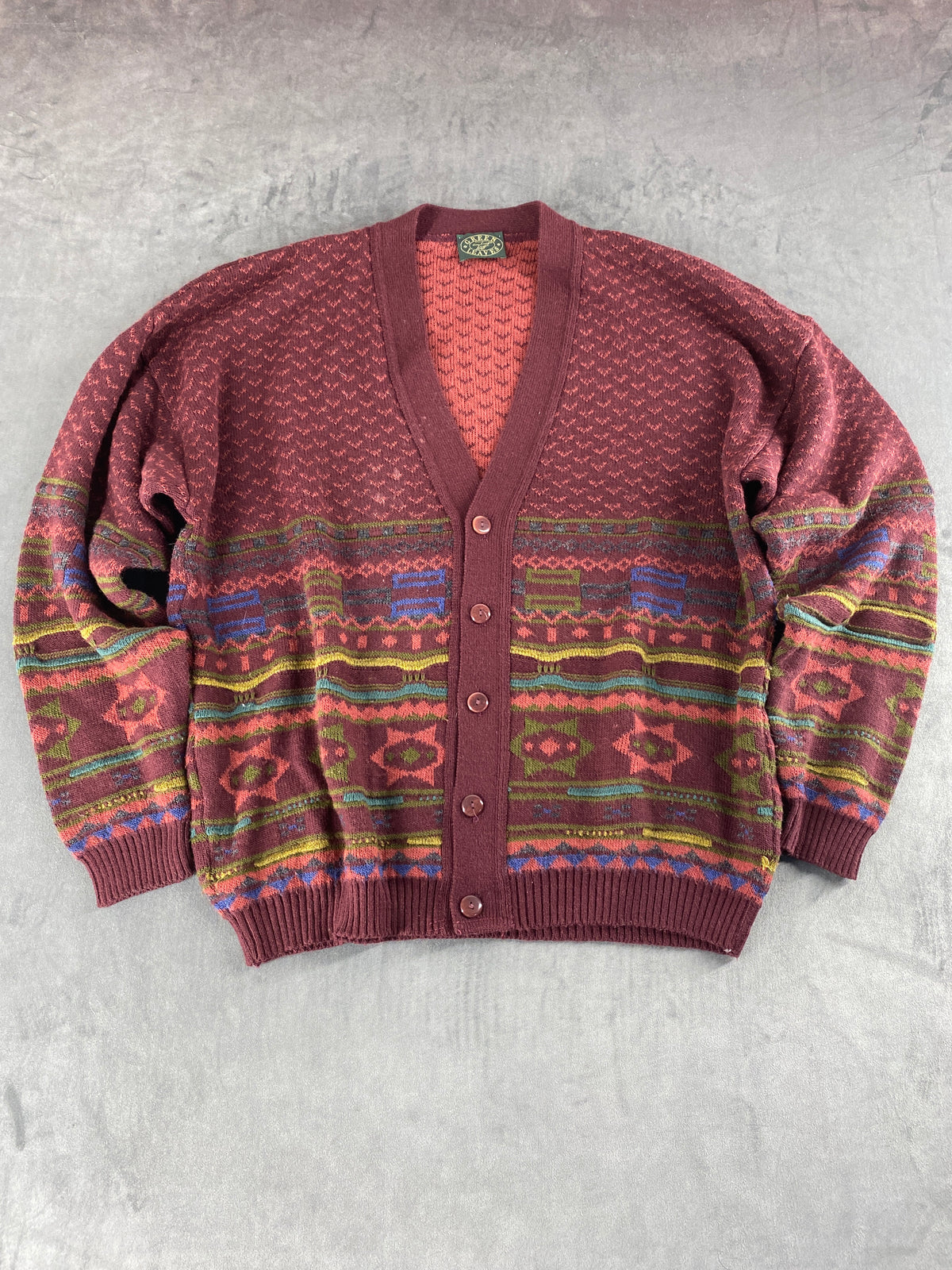 Cardigan scollo a V fair-isle bordeaux Green Leaves vintage – Uomo Taglia XL