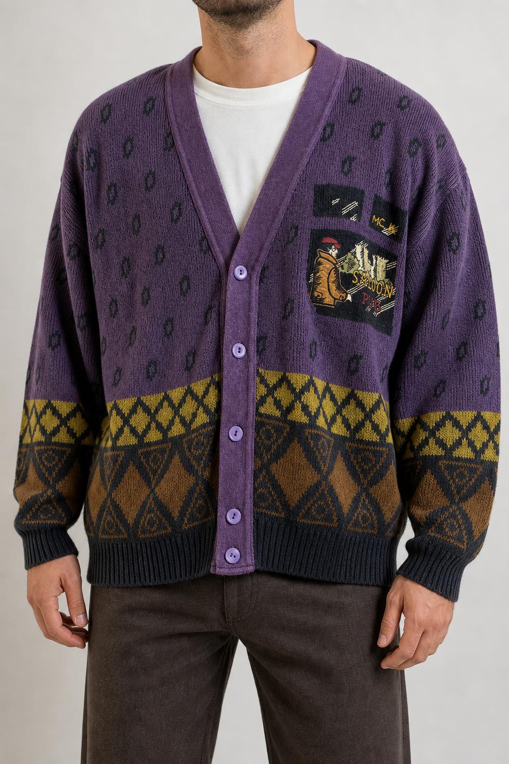 Cardigan scollo a V viola fantasia rombi vintage – Uomo Taglia L (IT 52)