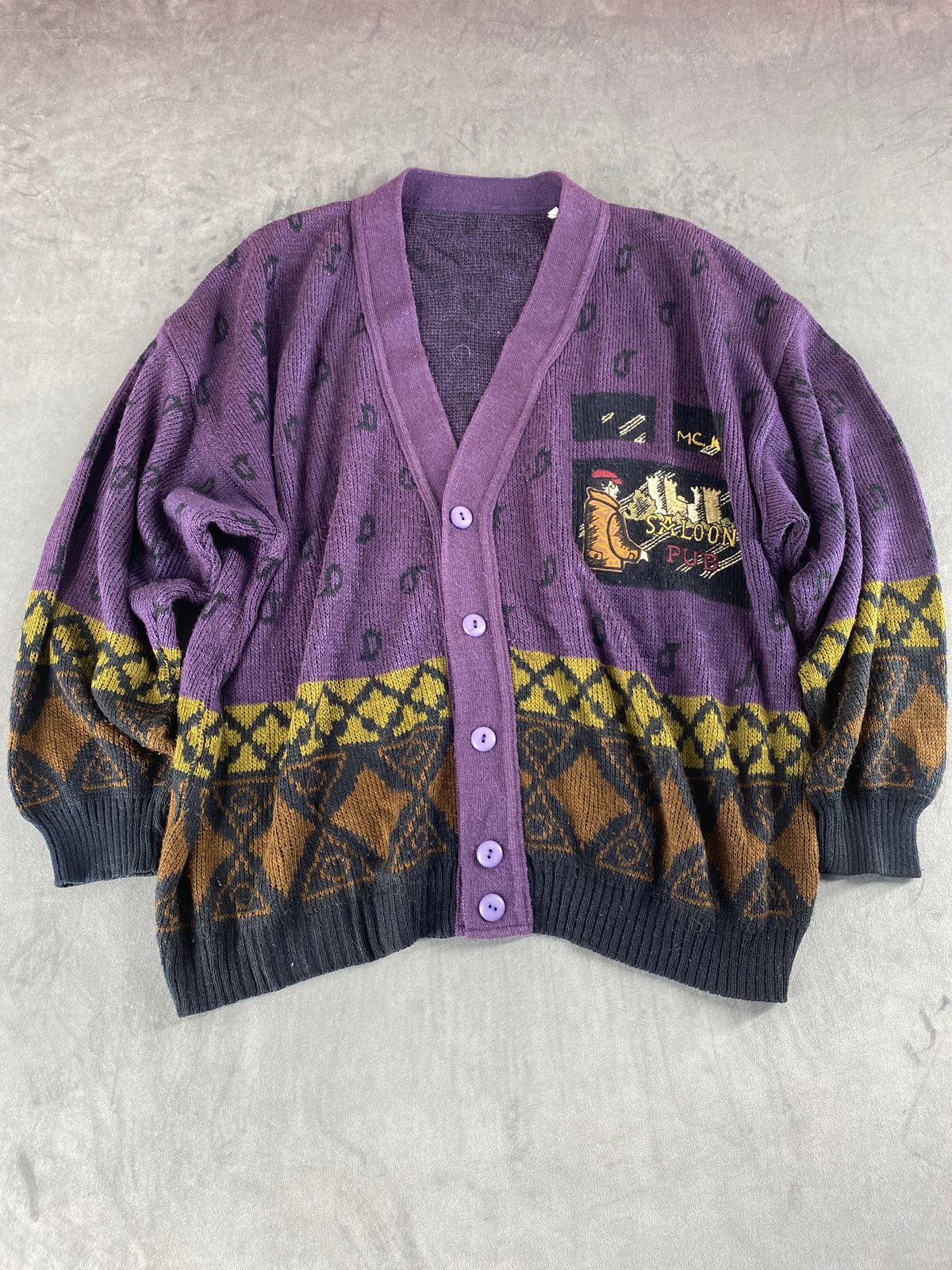 Cardigan scollo a V viola fantasia rombi vintage – Uomo Taglia L (IT 52)
