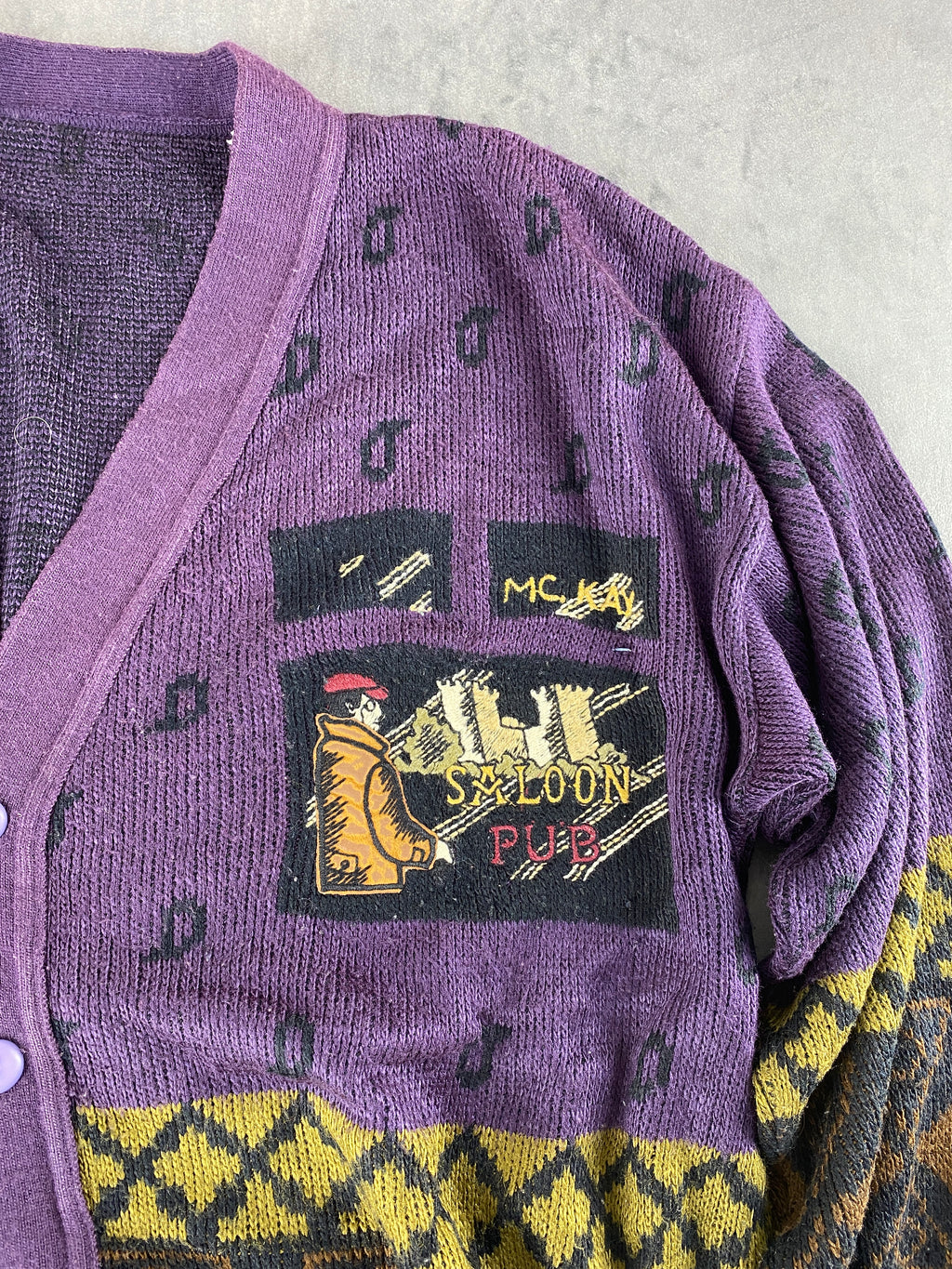 Cardigan scollo a V viola fantasia rombi vintage – Uomo Taglia L (IT 52)