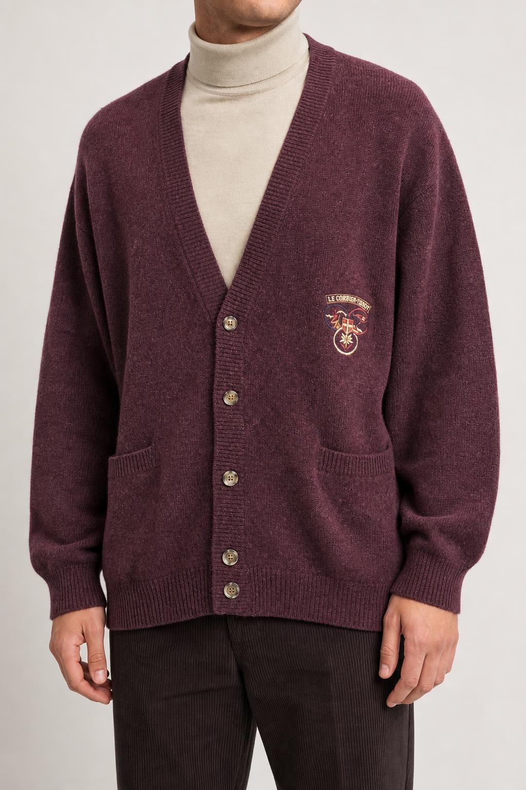Cardigan scollo a V bordeaux con stemma vintage – Uomo Taglia XL