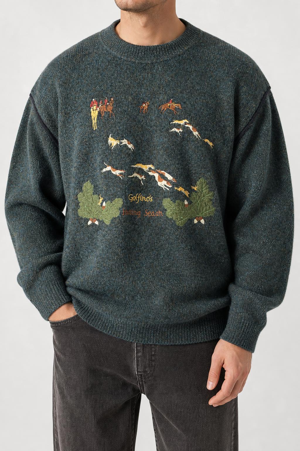 Maglione girocollo lana ricamo caccia Golfino vintage – Uomo Taglia XL