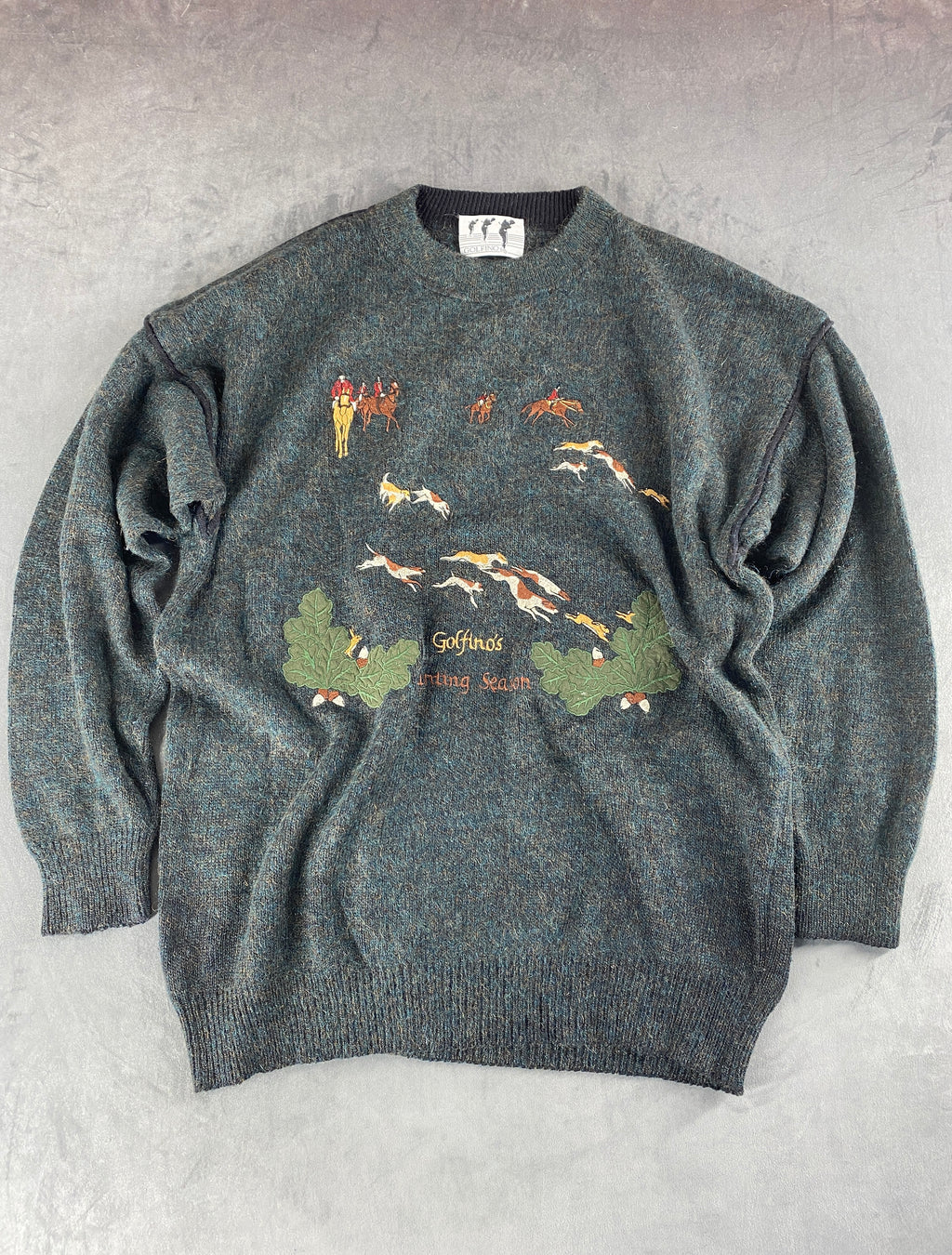 Maglione girocollo lana ricamo caccia Golfino vintage – Uomo Taglia XL