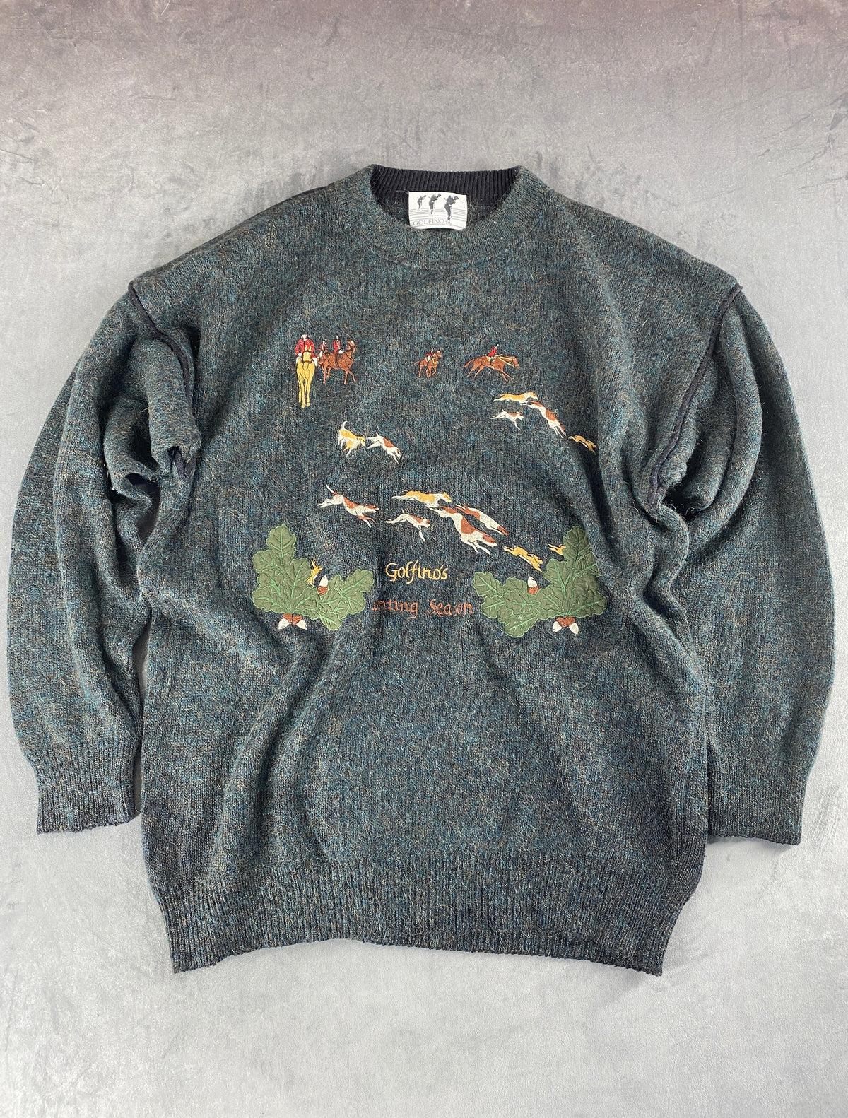 Maglione girocollo lana ricamo caccia Golfino vintage – Uomo Taglia XL