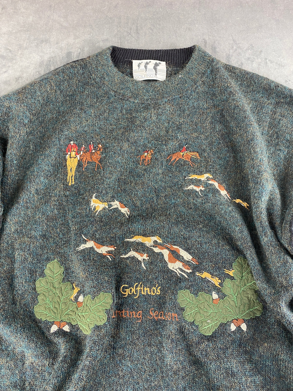 Maglione girocollo lana ricamo caccia Golfino vintage – Uomo Taglia XL