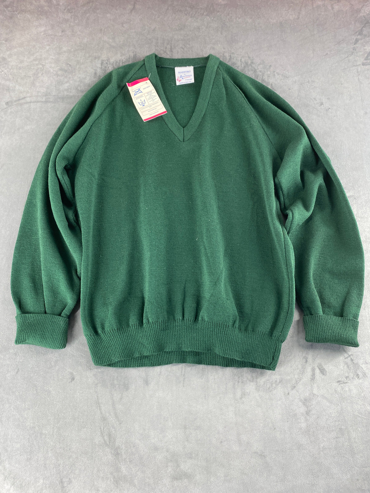 Maglione scollo a V acrilico Maestro verde bosco vintage – Donna Taglia XL