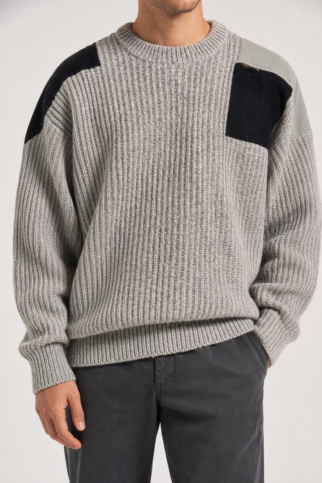 Maglione girocollo lana grigio a coste con patch vintage – Uomo Taglia XL