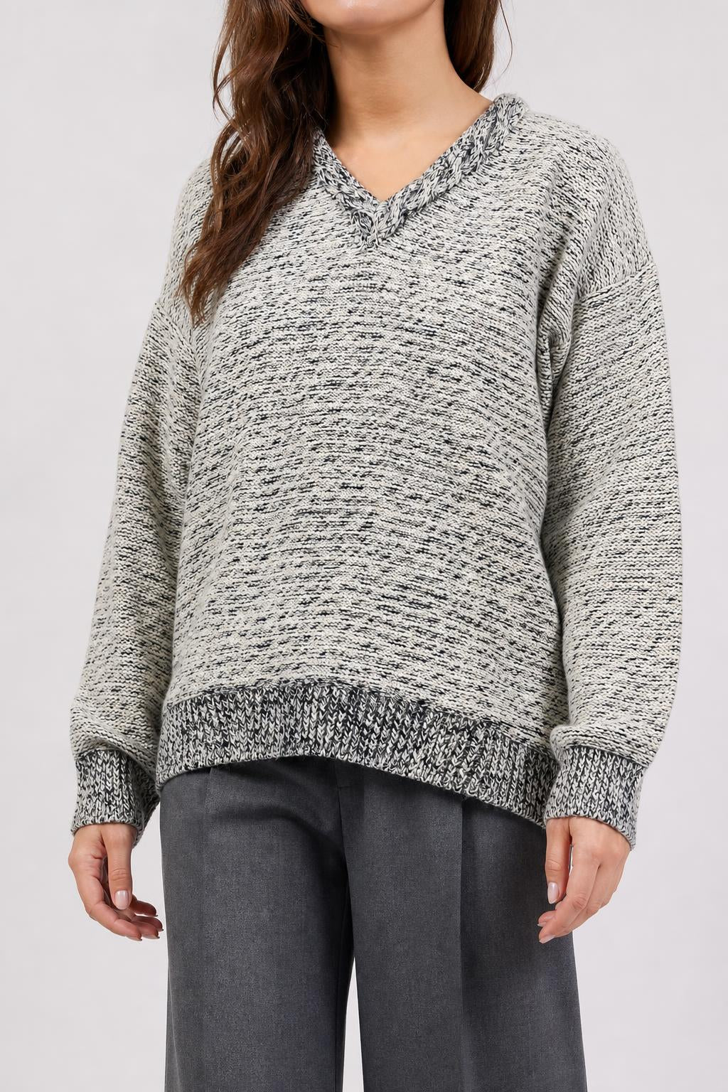 Maglione scollo a V grigio mélange vintage – Donna Taglia XL