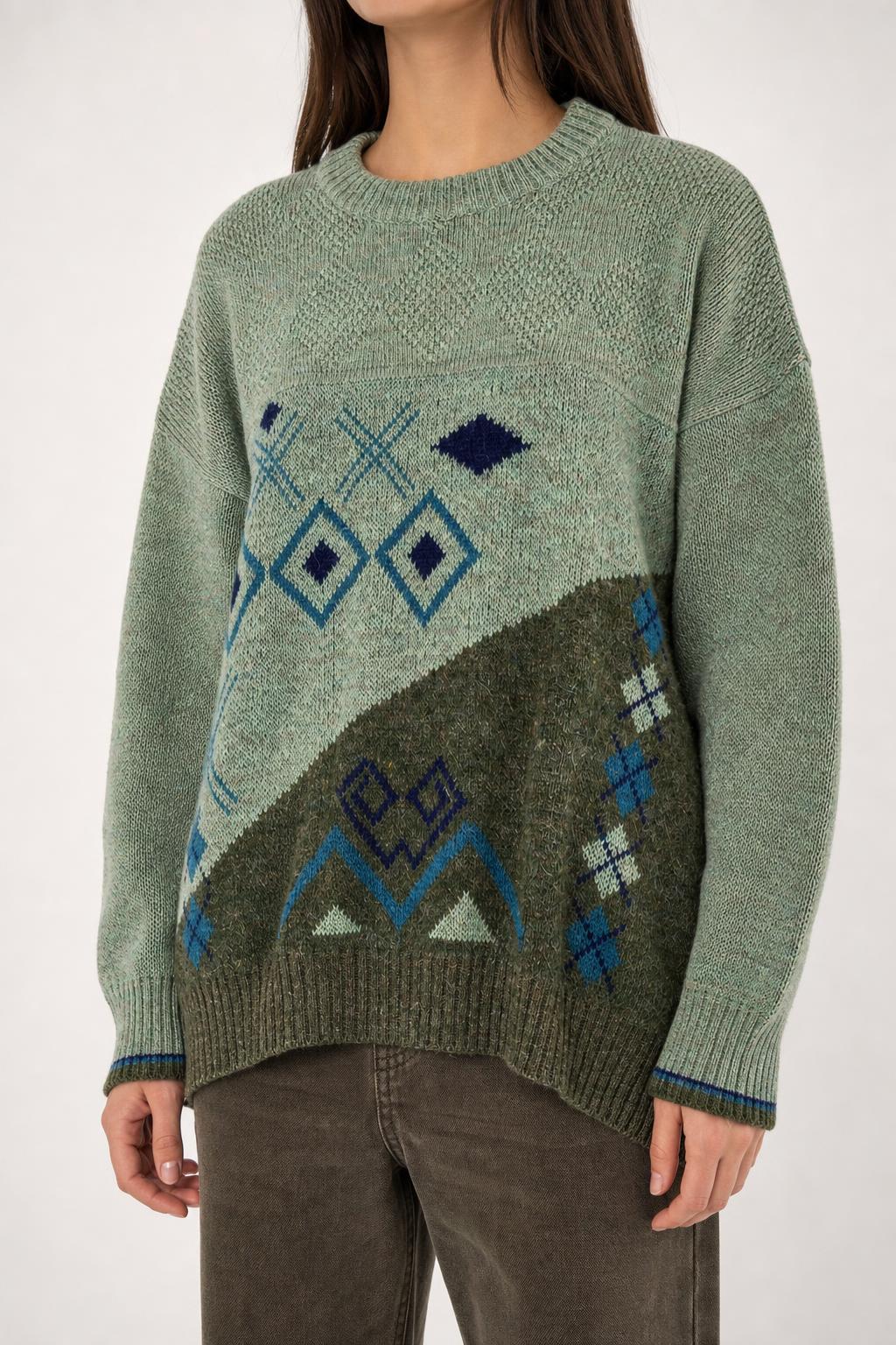 Maglione girocollo lana alpaca verde salvia fantasia vintage – Donna Taglia XL