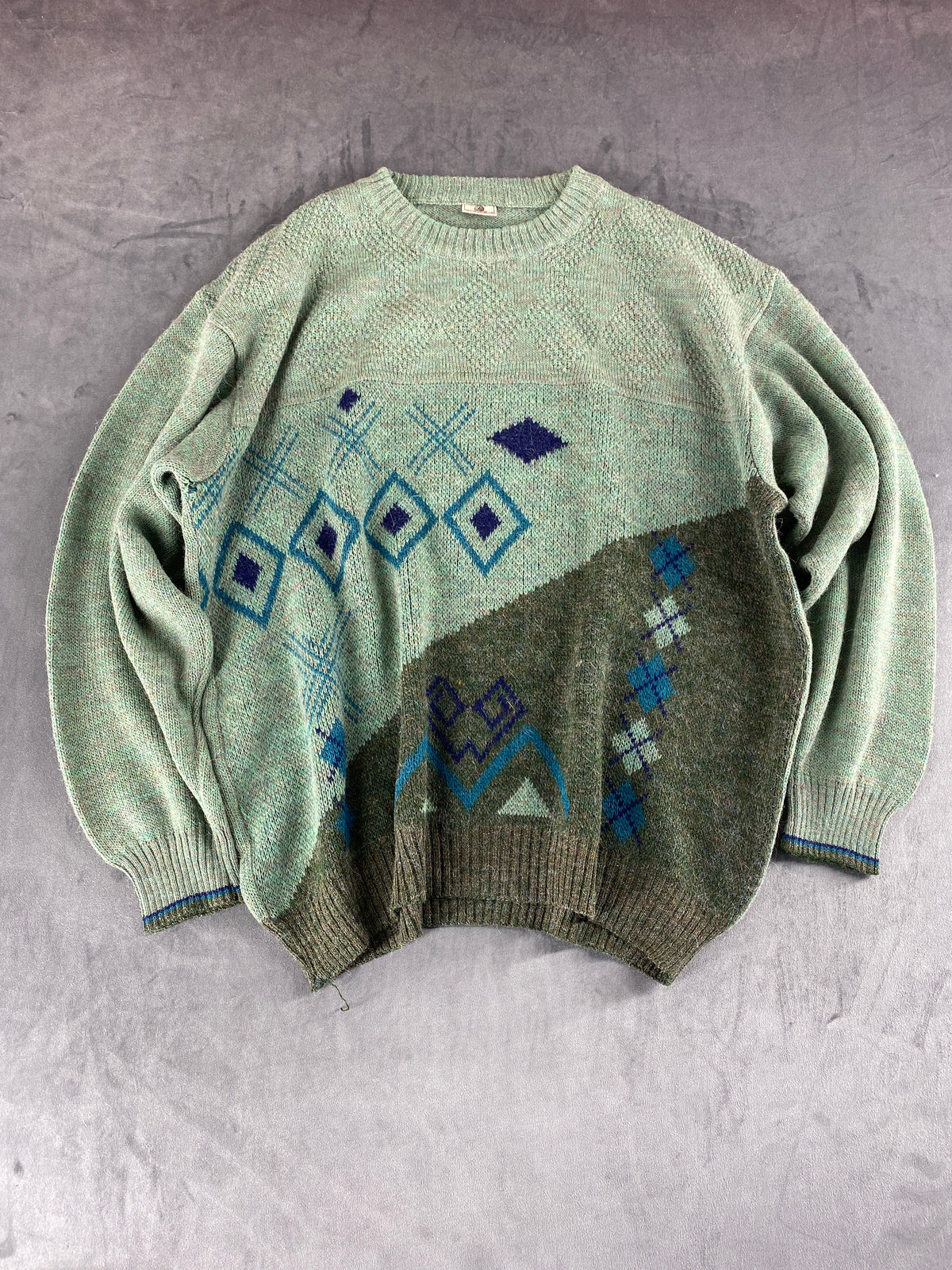 Maglione girocollo lana alpaca verde salvia fantasia vintage – Donna Taglia XL