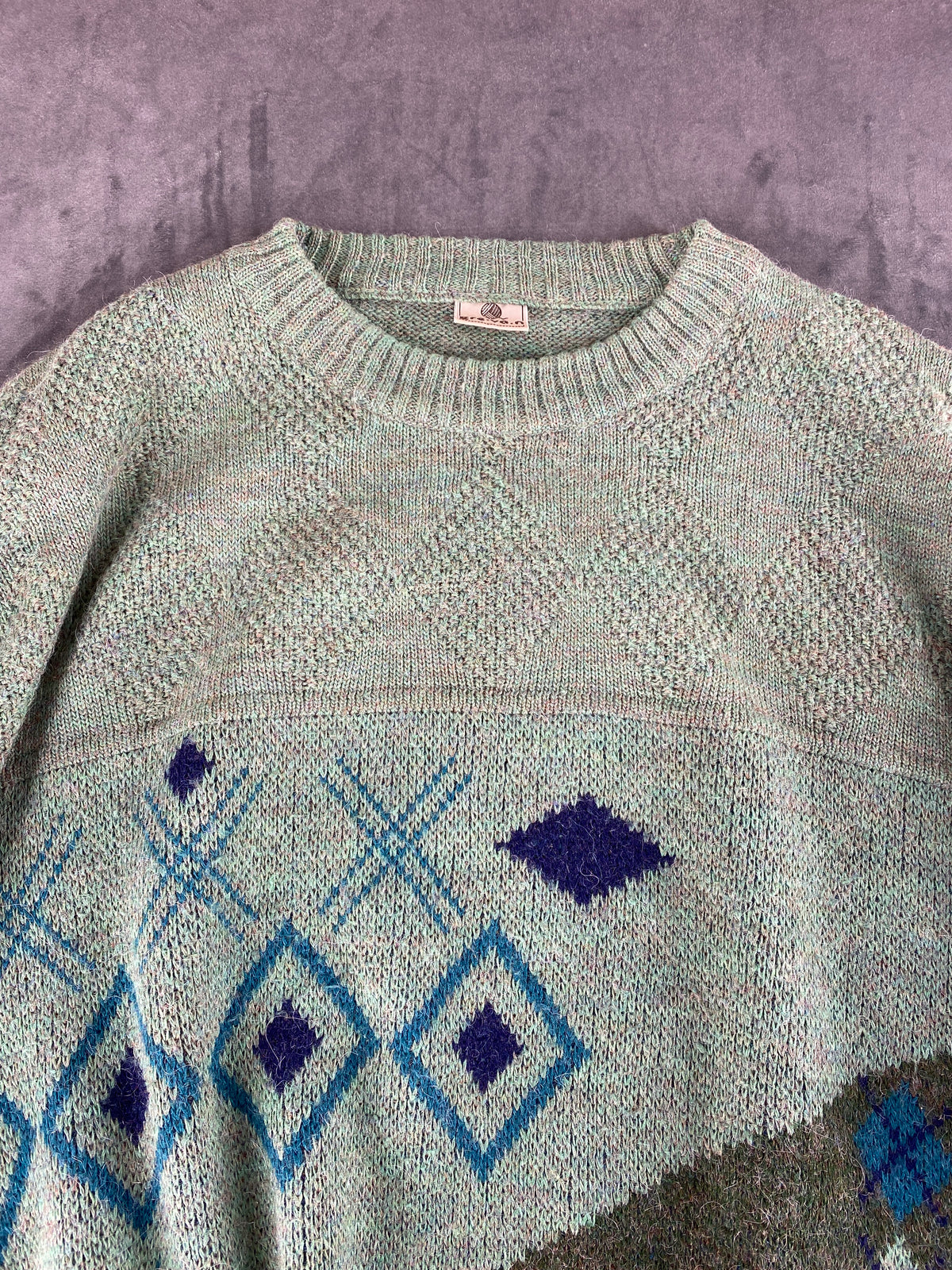 Maglione girocollo lana alpaca verde salvia fantasia vintage – Donna Taglia XL