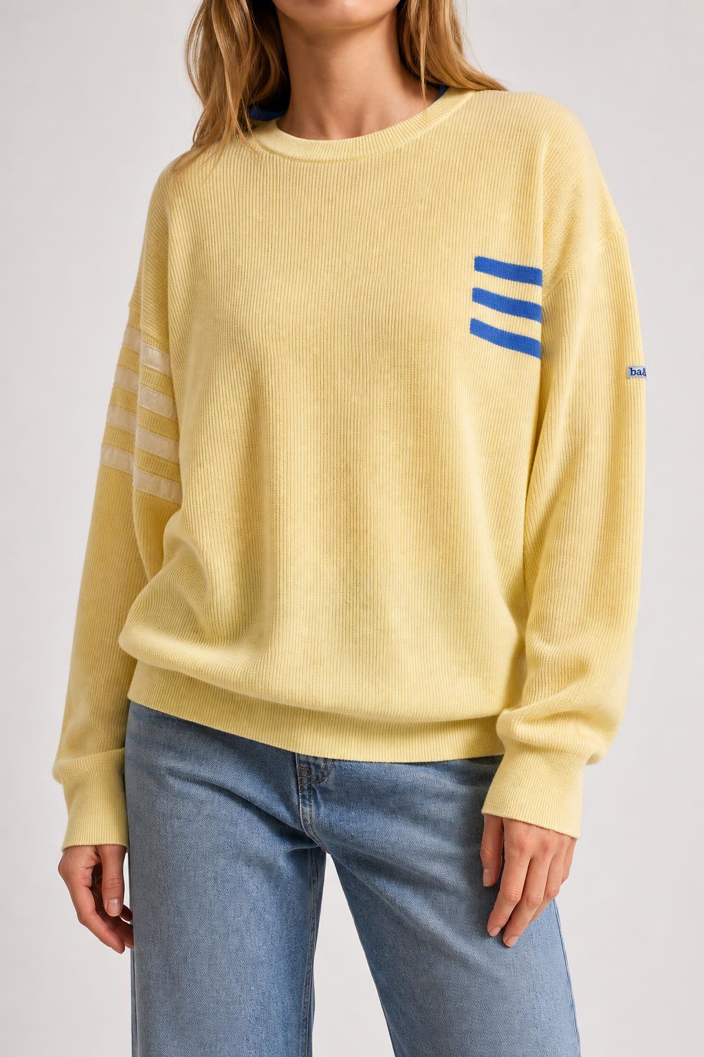 Maglione girocollo lana Loli & Wolf giallo righe blu vintage – Donna Taglia L