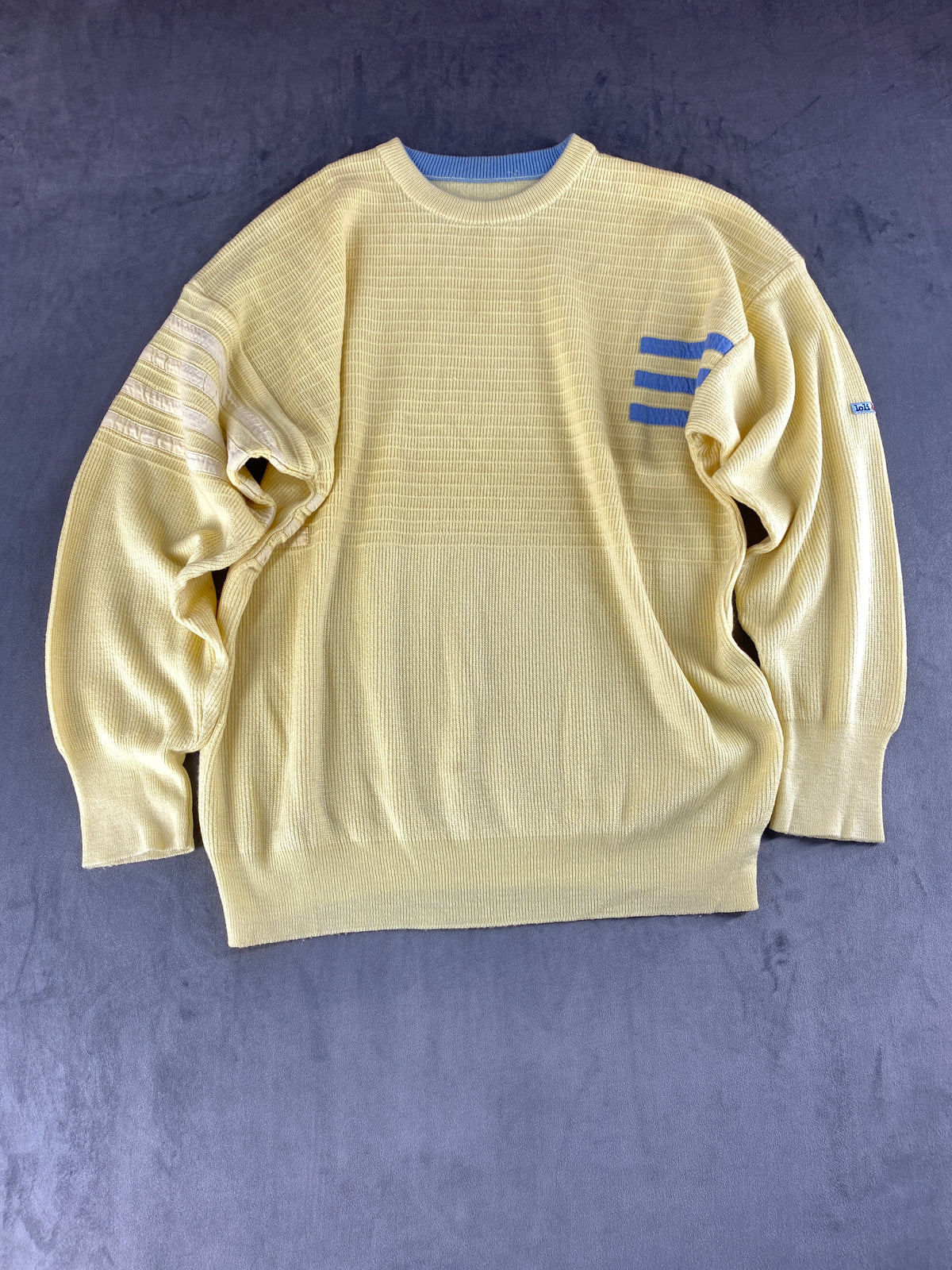 Maglione girocollo lana Loli & Wolf giallo righe blu vintage – Donna Taglia L