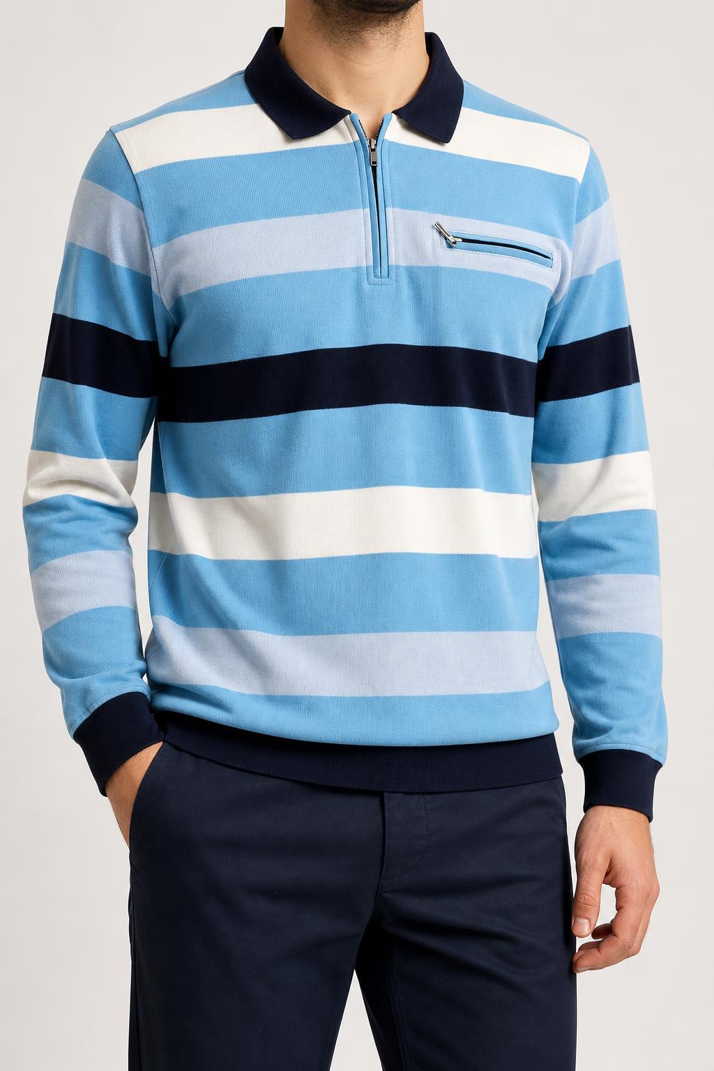 Maglione half-zip a righe azzurro navy vintage – Uomo Taglia L