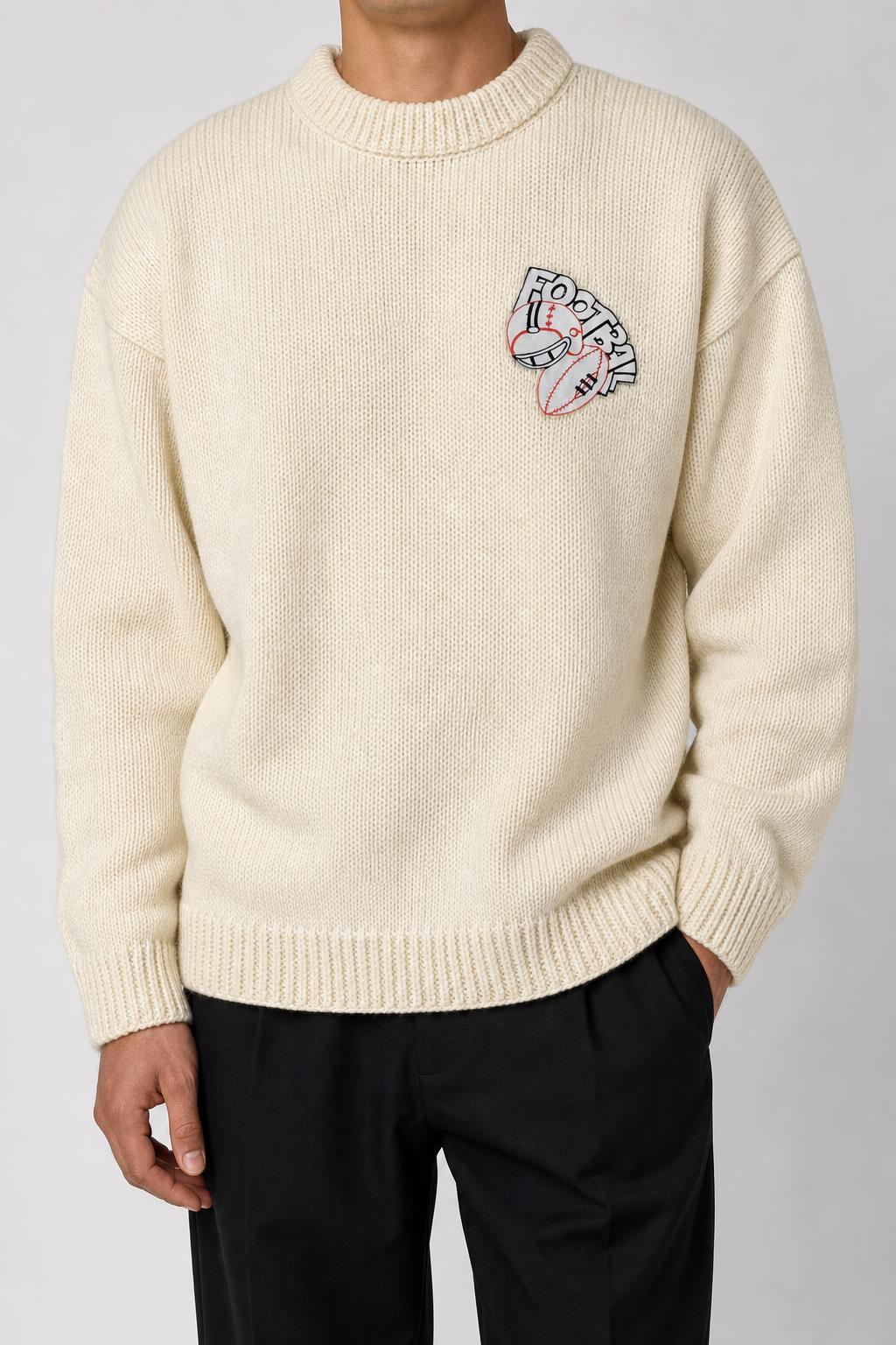 Maglione girocollo panna ricamo Football vintage – Uomo Taglia L