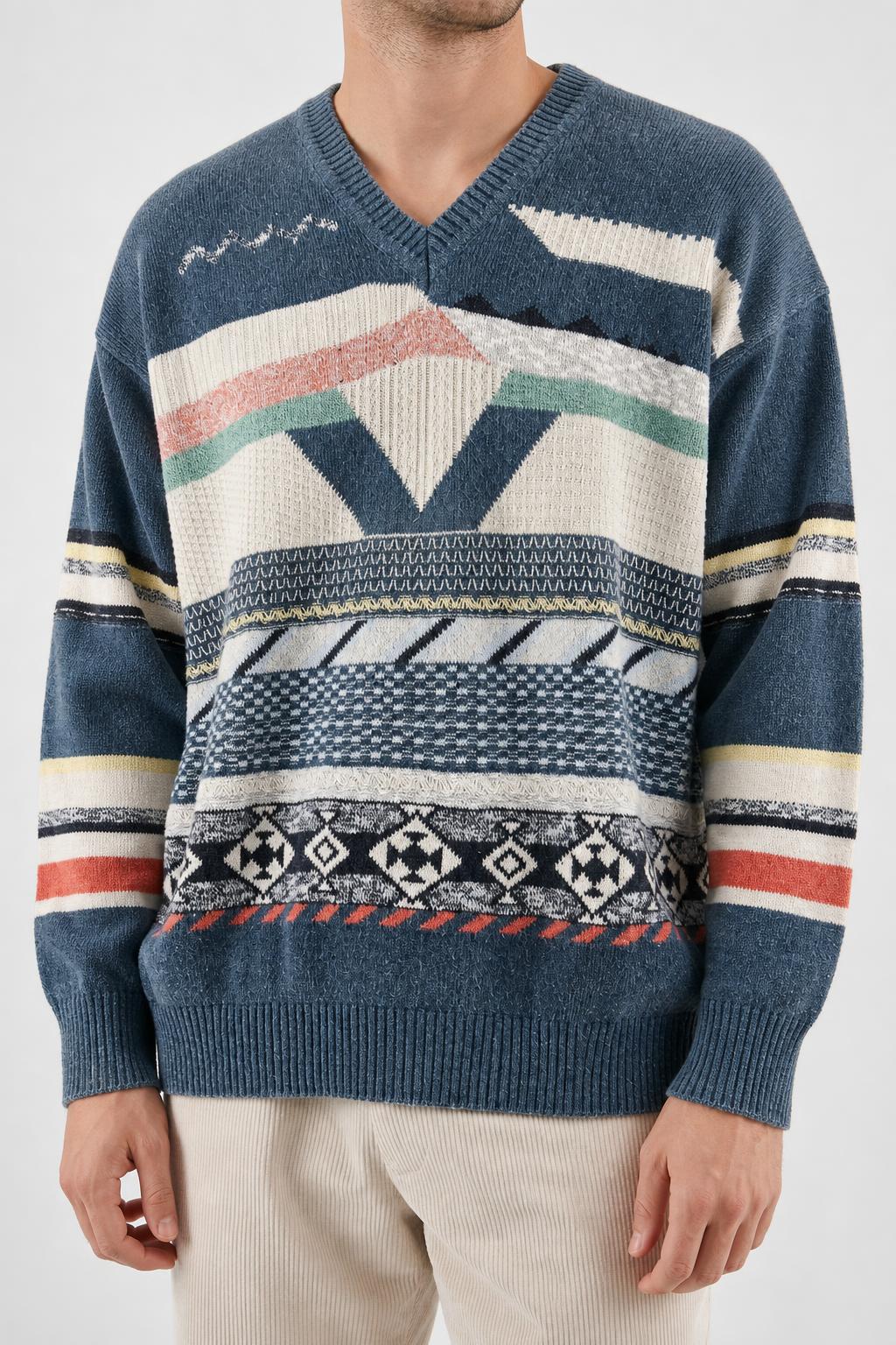 Maglione scollo a V South Coast grigio azzurro fantasia jacquard vintage – Uomo Taglia L