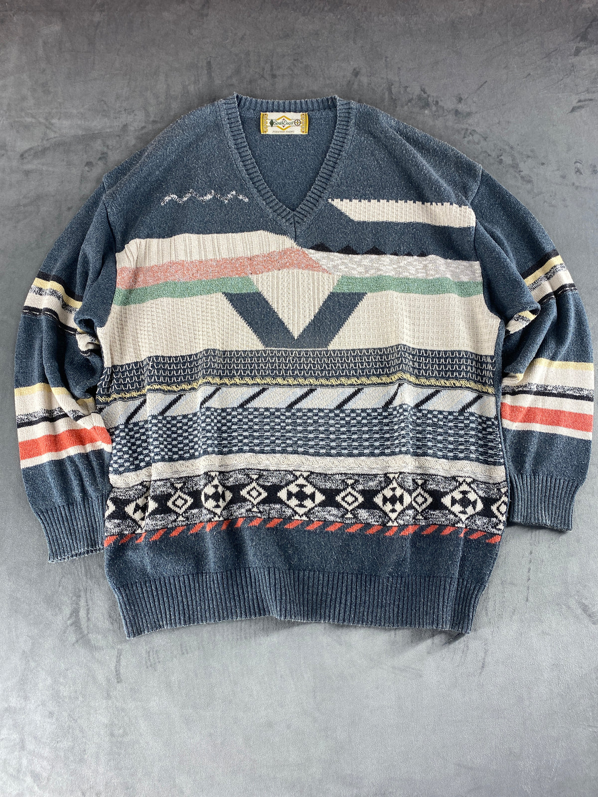 Maglione scollo a V South Coast grigio azzurro fantasia jacquard vintage – Uomo Taglia L