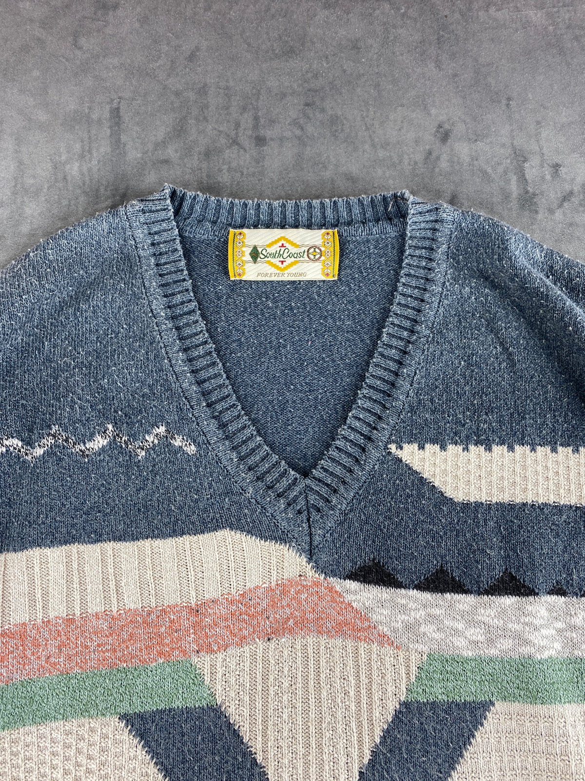 Maglione scollo a V South Coast grigio azzurro fantasia jacquard vintage – Uomo Taglia L