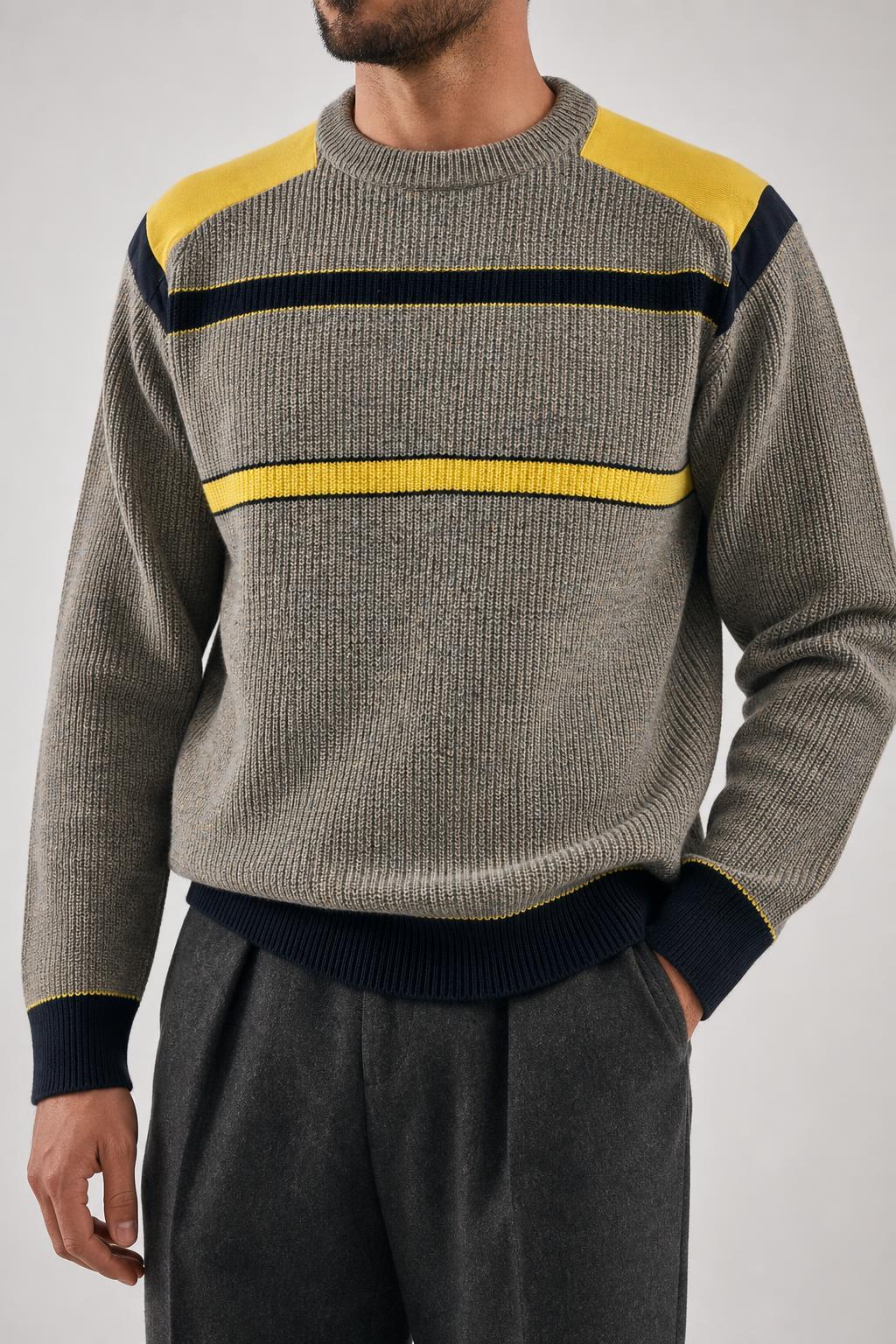 Maglione girocollo lana grigio banda gialla blu vintage – Uomo Taglia L