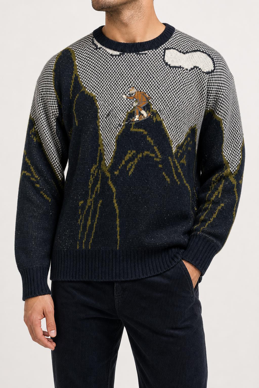 Maglione girocollo intarsio sciatore montagna blu navy vintage – Uomo Taglia L