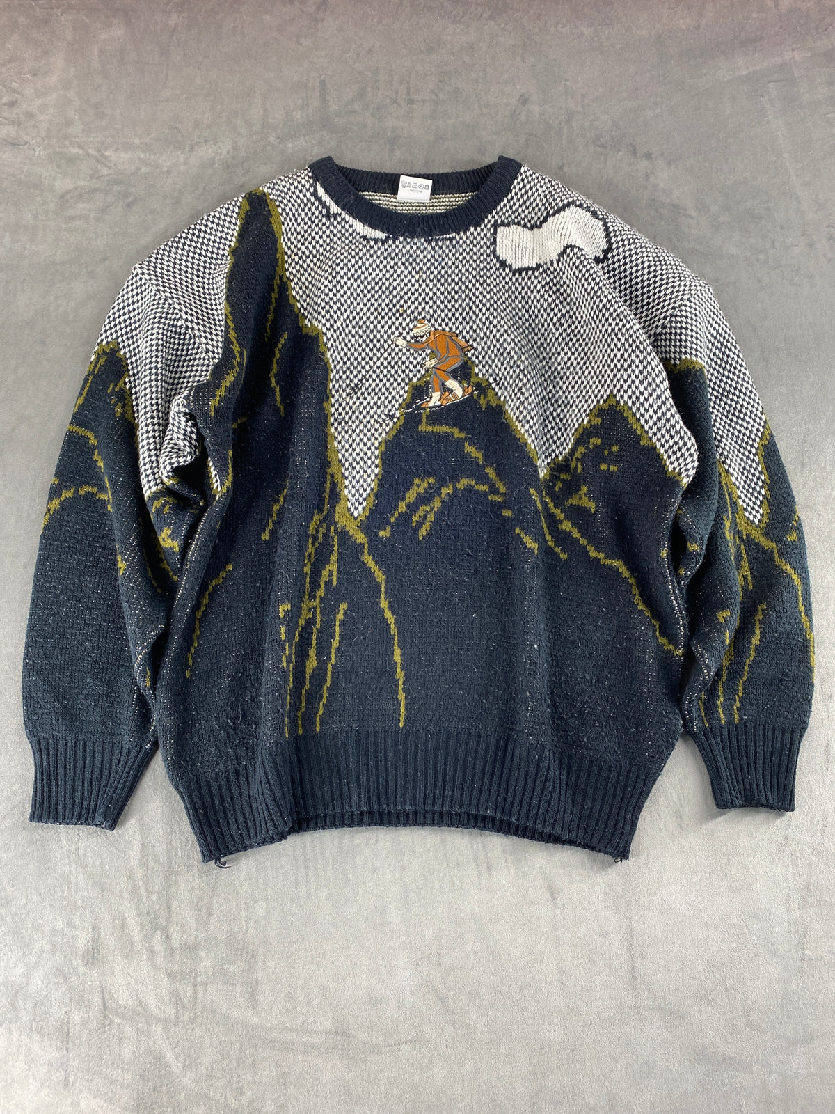Maglione girocollo intarsio sciatore montagna blu navy vintage – Uomo Taglia L