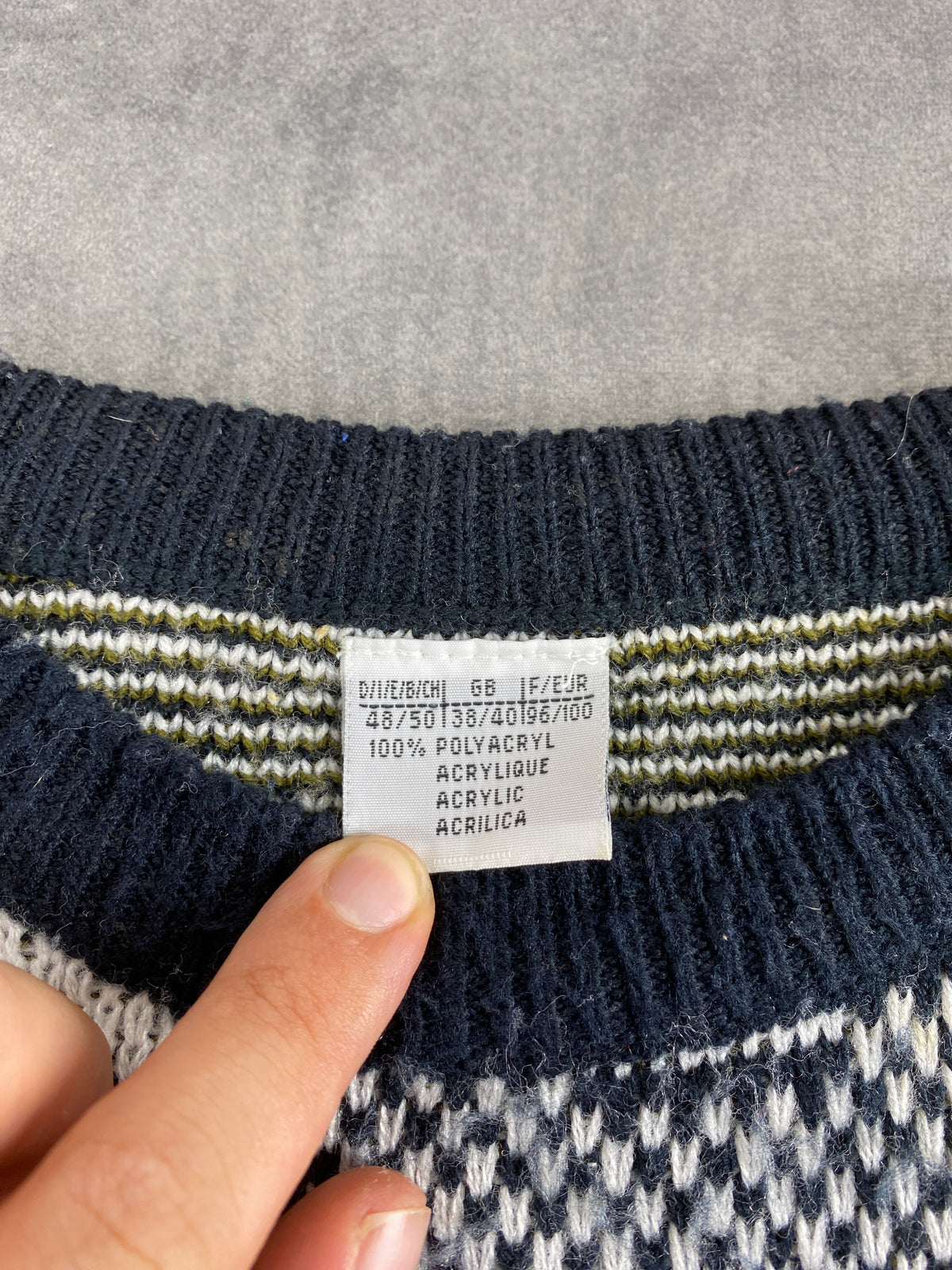 Maglione girocollo intarsio sciatore montagna blu navy vintage – Uomo Taglia L