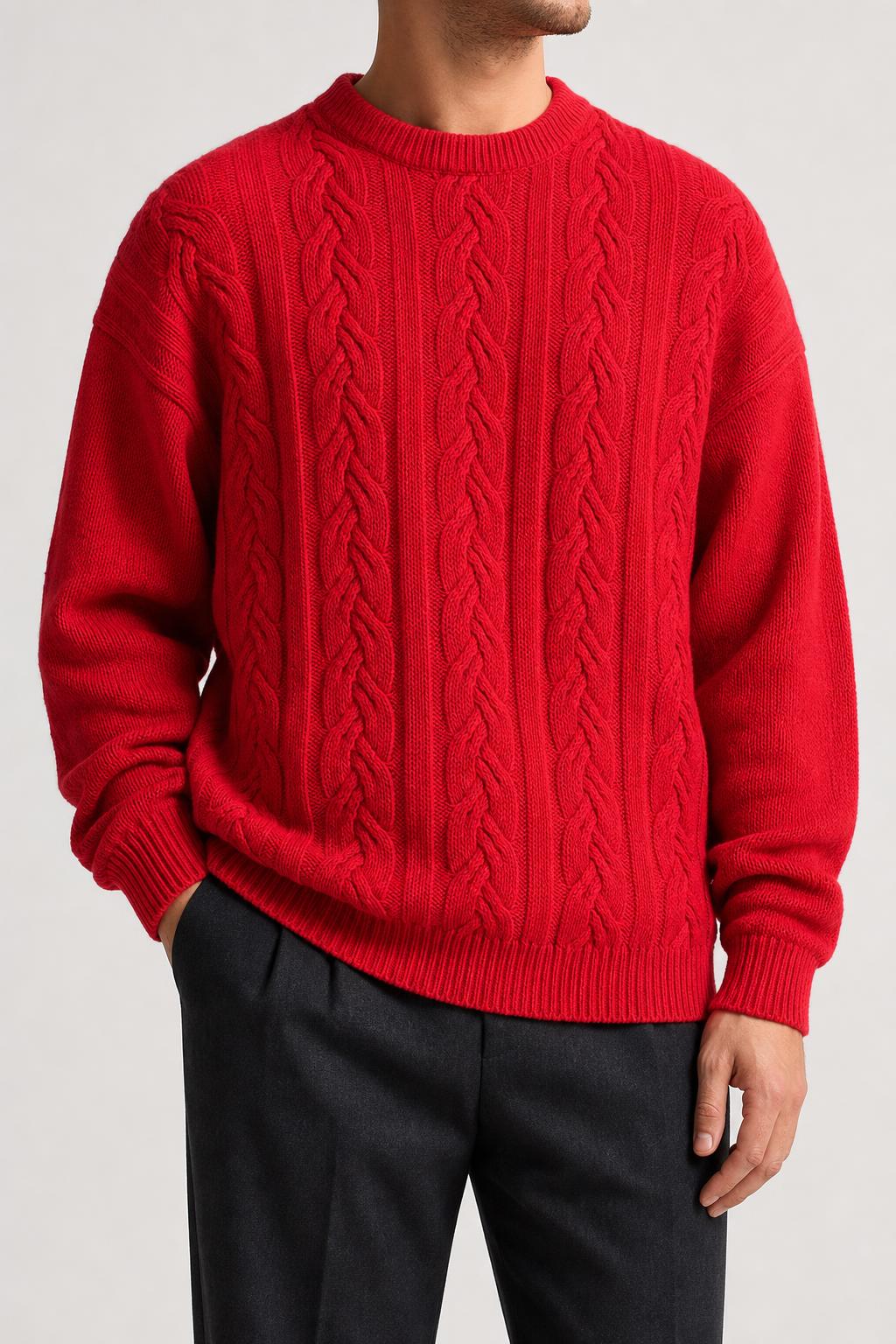 Maglione girocollo trecce US rosso vintage – Uomo Taglia L