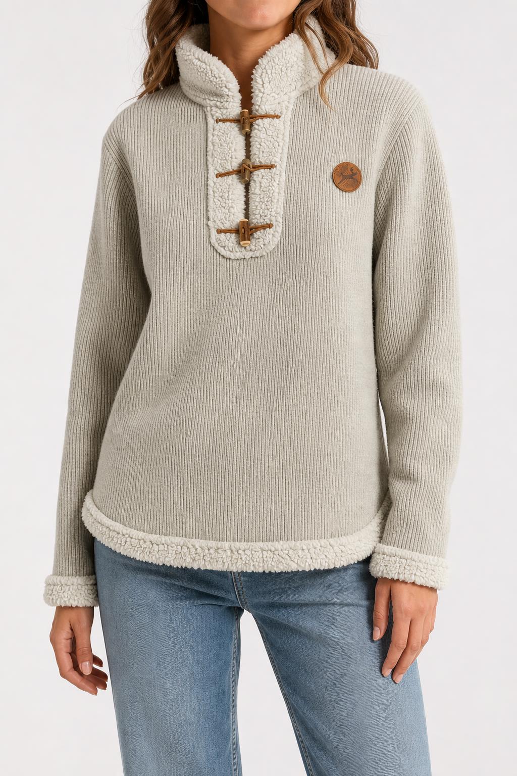 Maglione pullover felpato grigio con sherpa vintage – Donna Taglia XL