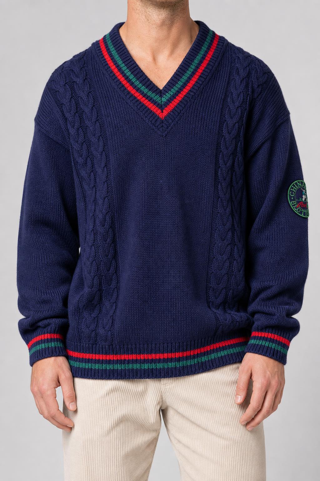 Maglione scollo a V trecce Geyer navy bordi rosso verde vintage – Uomo Taglia L