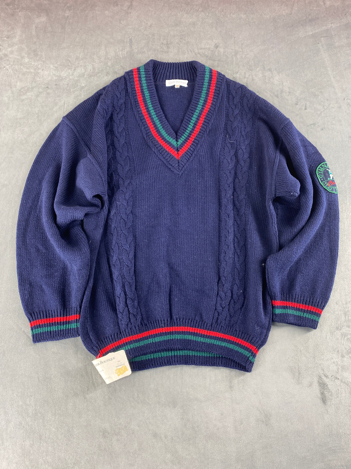 Maglione scollo a V trecce Geyer navy bordi rosso verde vintage – Uomo Taglia L