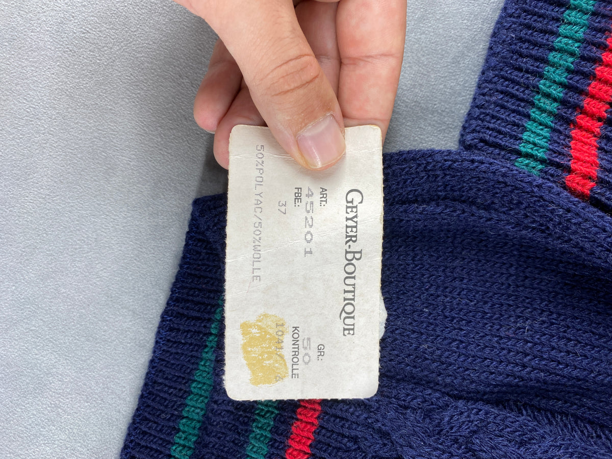 Maglione scollo a V trecce Geyer navy bordi rosso verde vintage – Uomo Taglia L