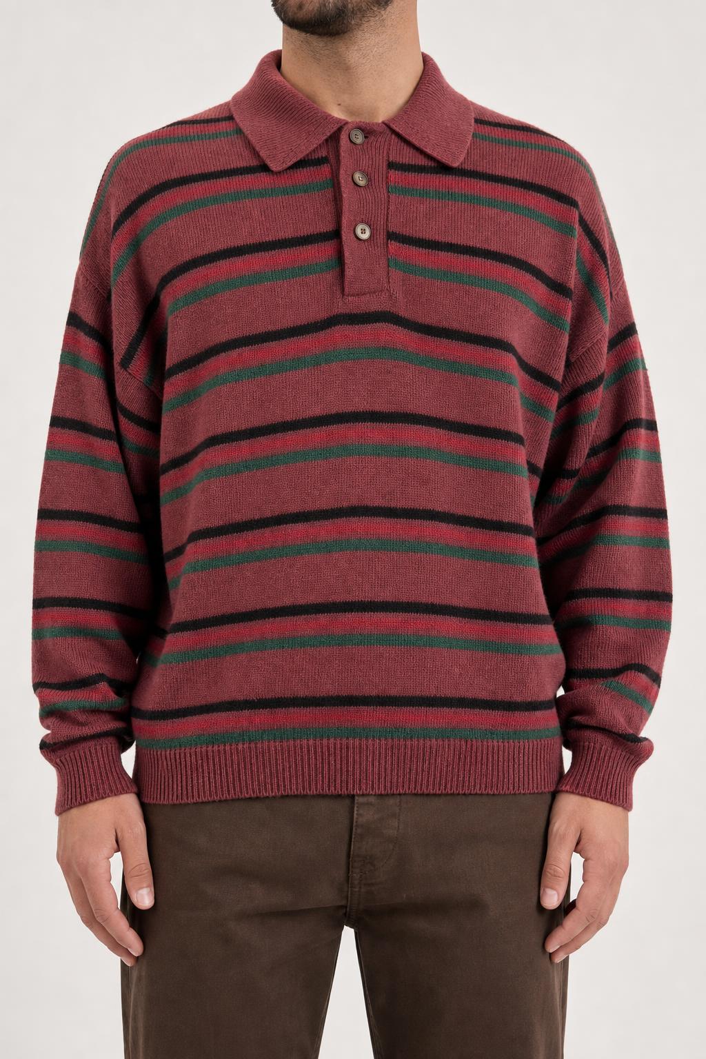 Maglione colletto SOS bordeaux a righe lambswool vintage – Uomo Taglia XL