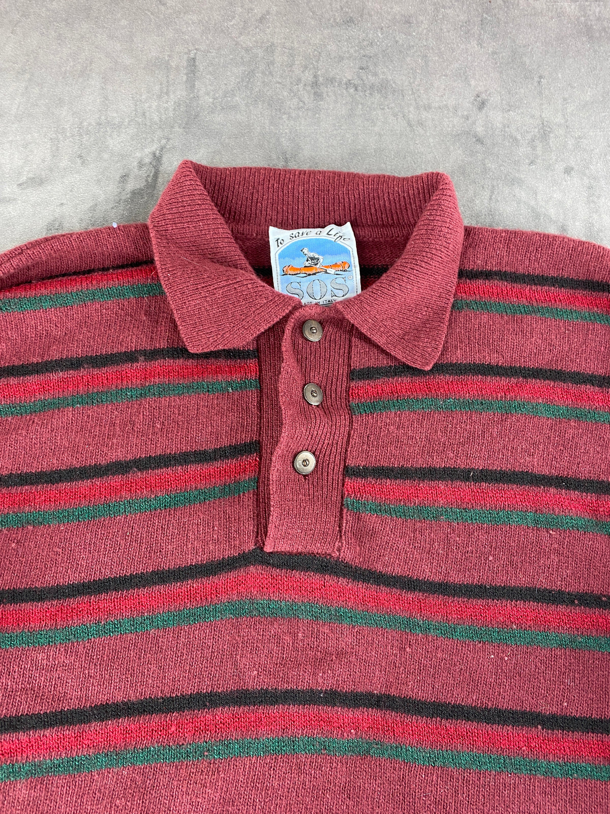 Maglione colletto SOS bordeaux a righe lambswool vintage – Uomo Taglia XL