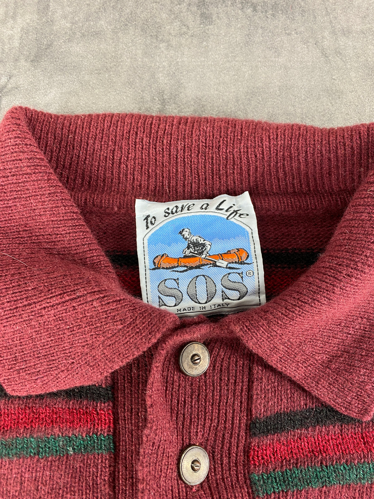 Maglione colletto SOS bordeaux a righe lambswool vintage – Uomo Taglia XL