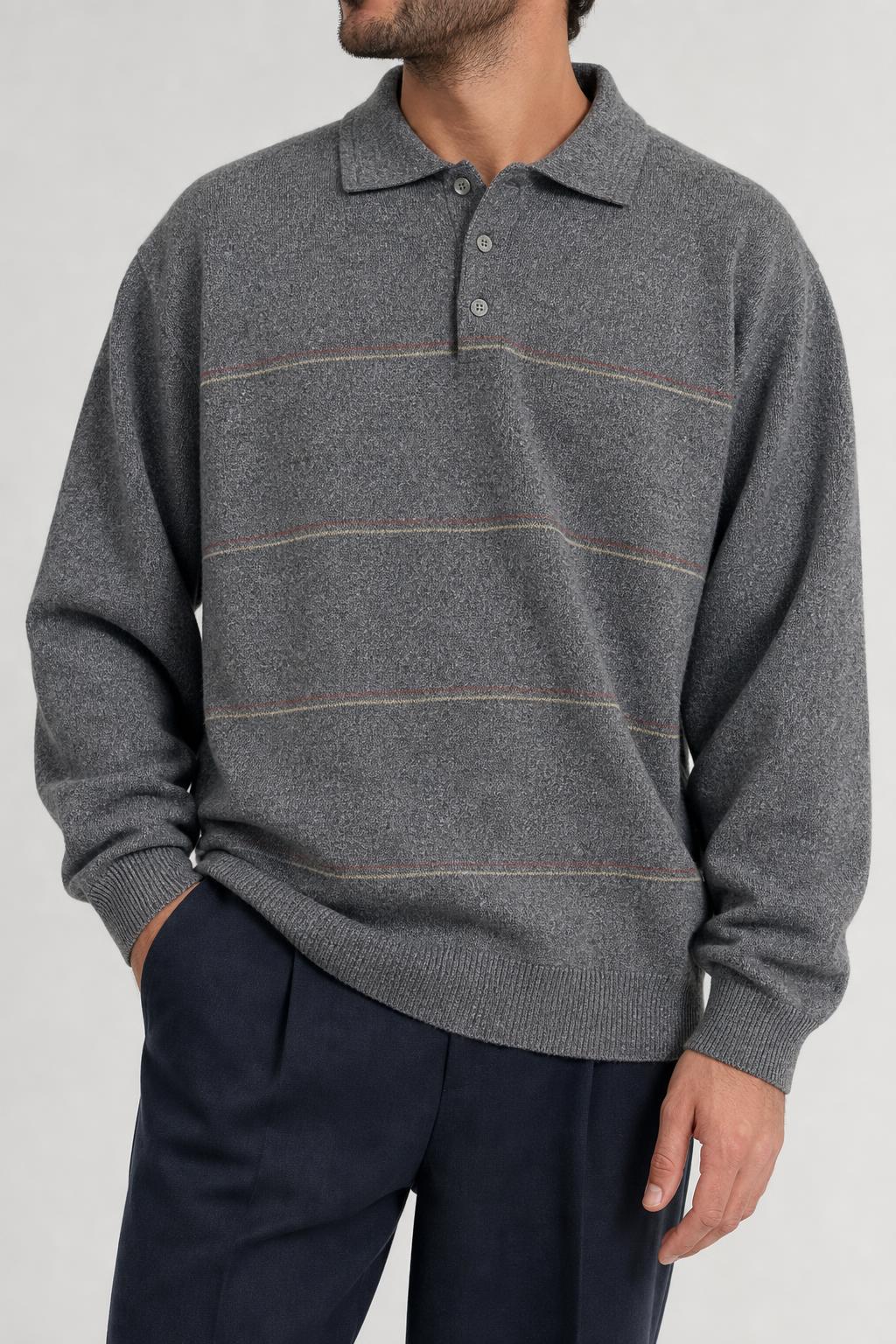 Maglione colletto polo Rodes grigio righe lana vintage – Uomo Taglia XL