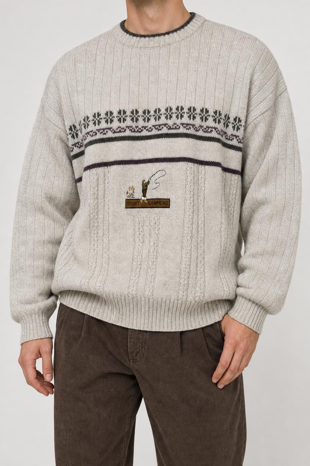 Maglione girocollo lana beige avena banda jacquard vintage – Uomo Taglia L