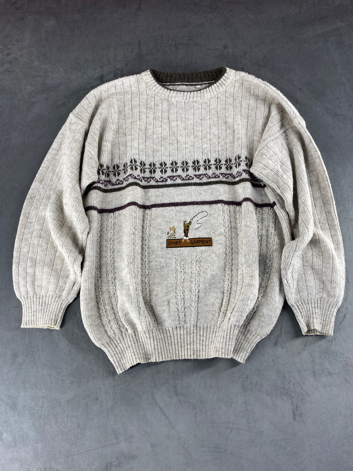 Maglione girocollo lana beige avena banda jacquard vintage – Uomo Taglia L