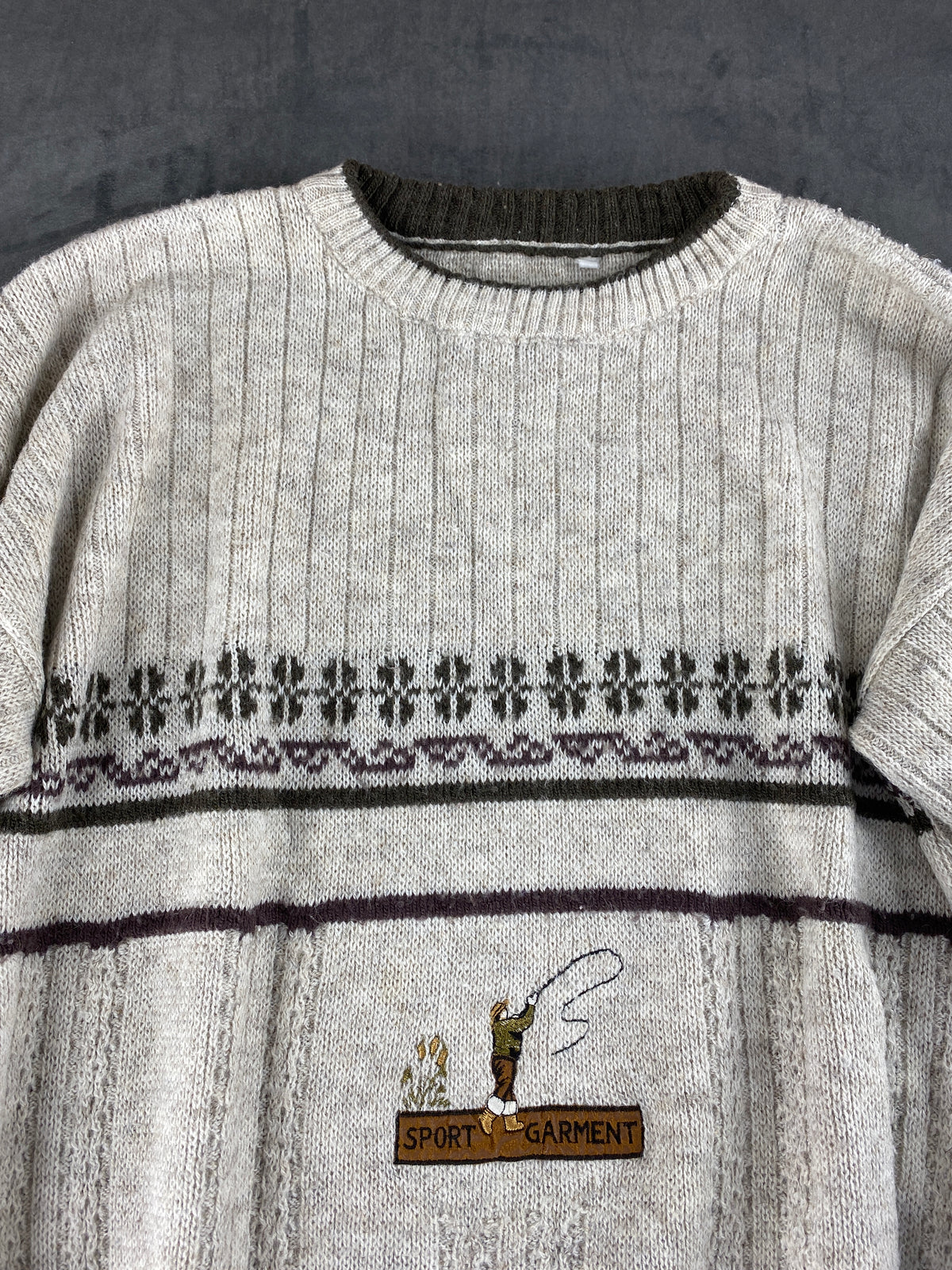 Maglione girocollo lana beige avena banda jacquard vintage – Uomo Taglia L